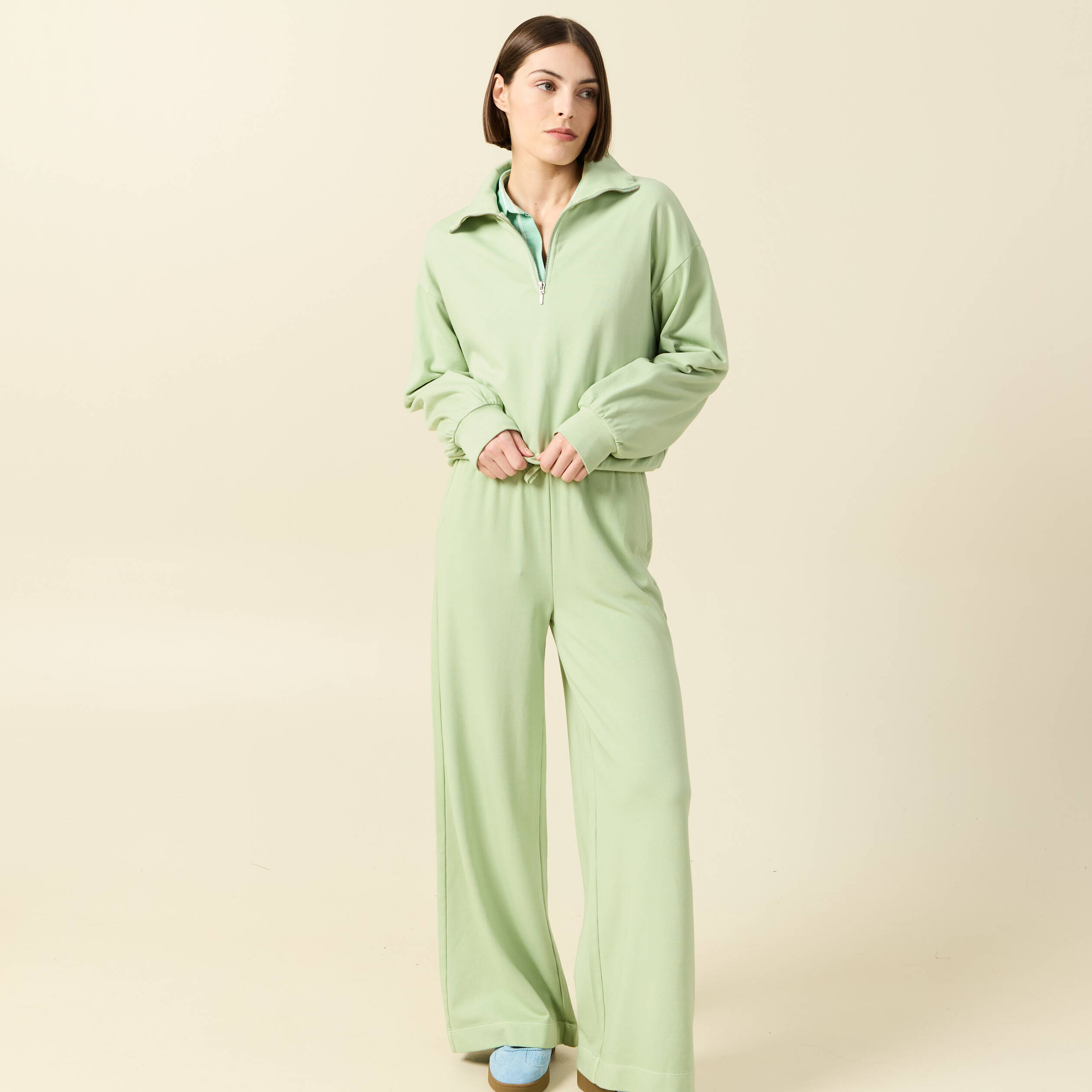 Pantalon large taille haute fluide vert clair femme