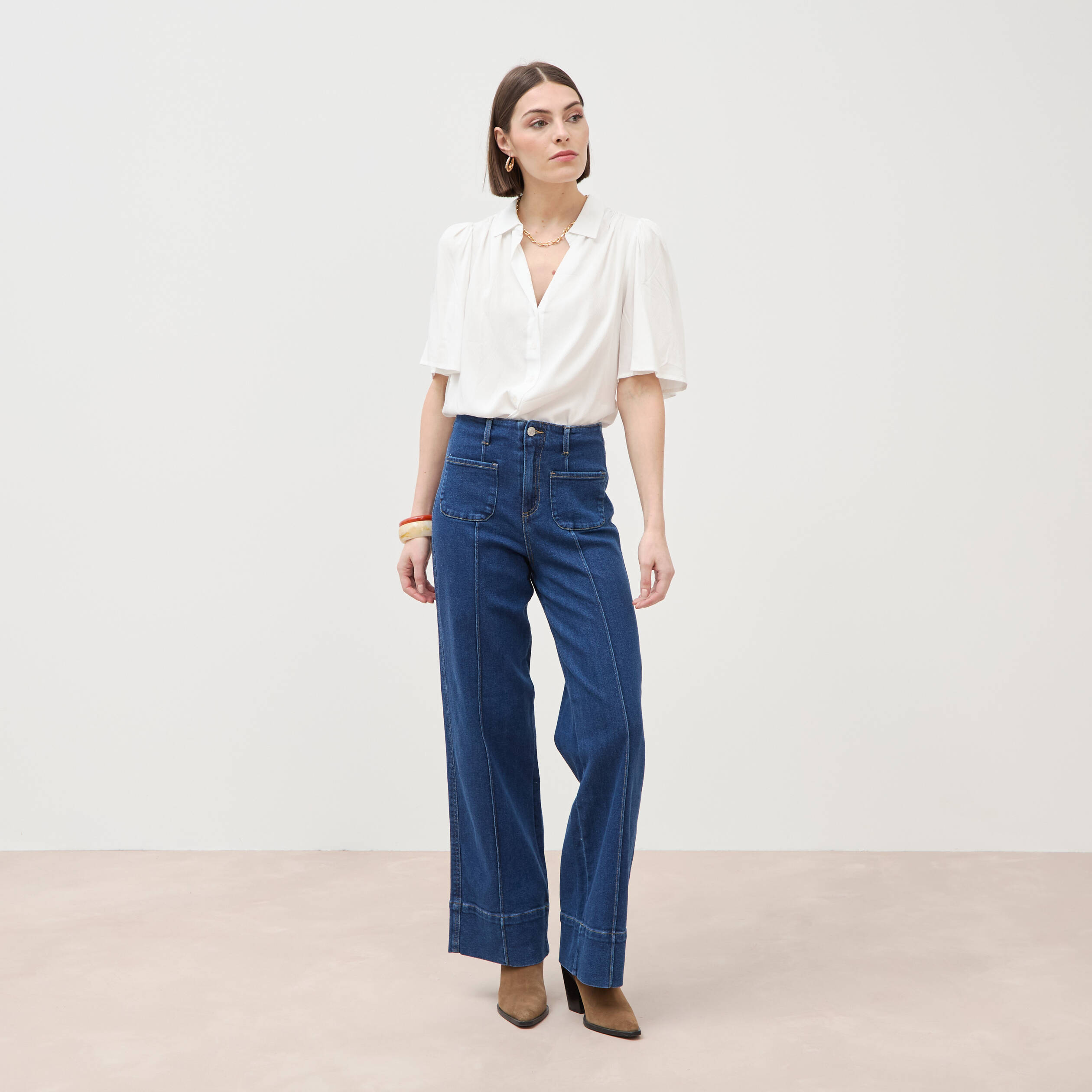 Jeans wide large taille haute bleu clair femme