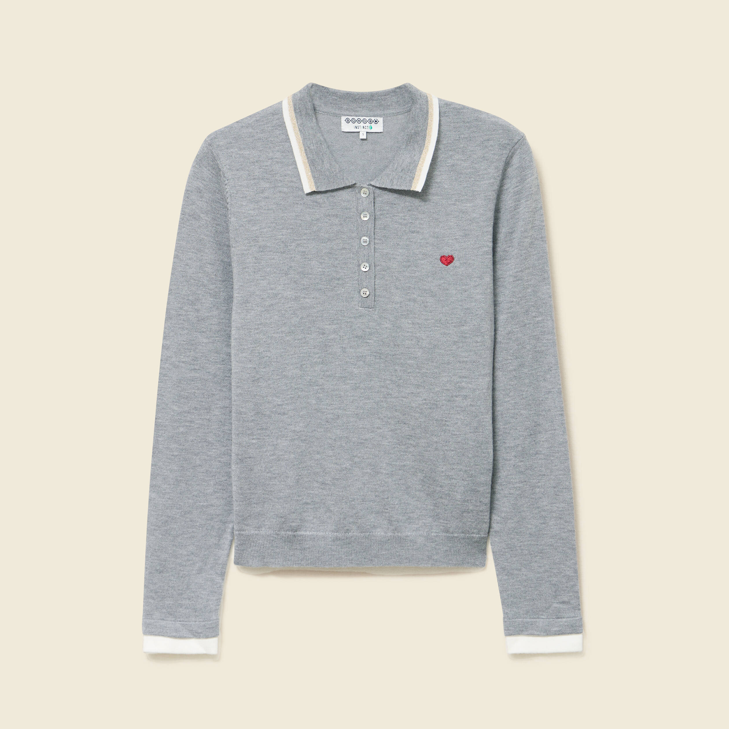 Polo manches longues avec c&oelig;ur brod&eacute; gris clair femme