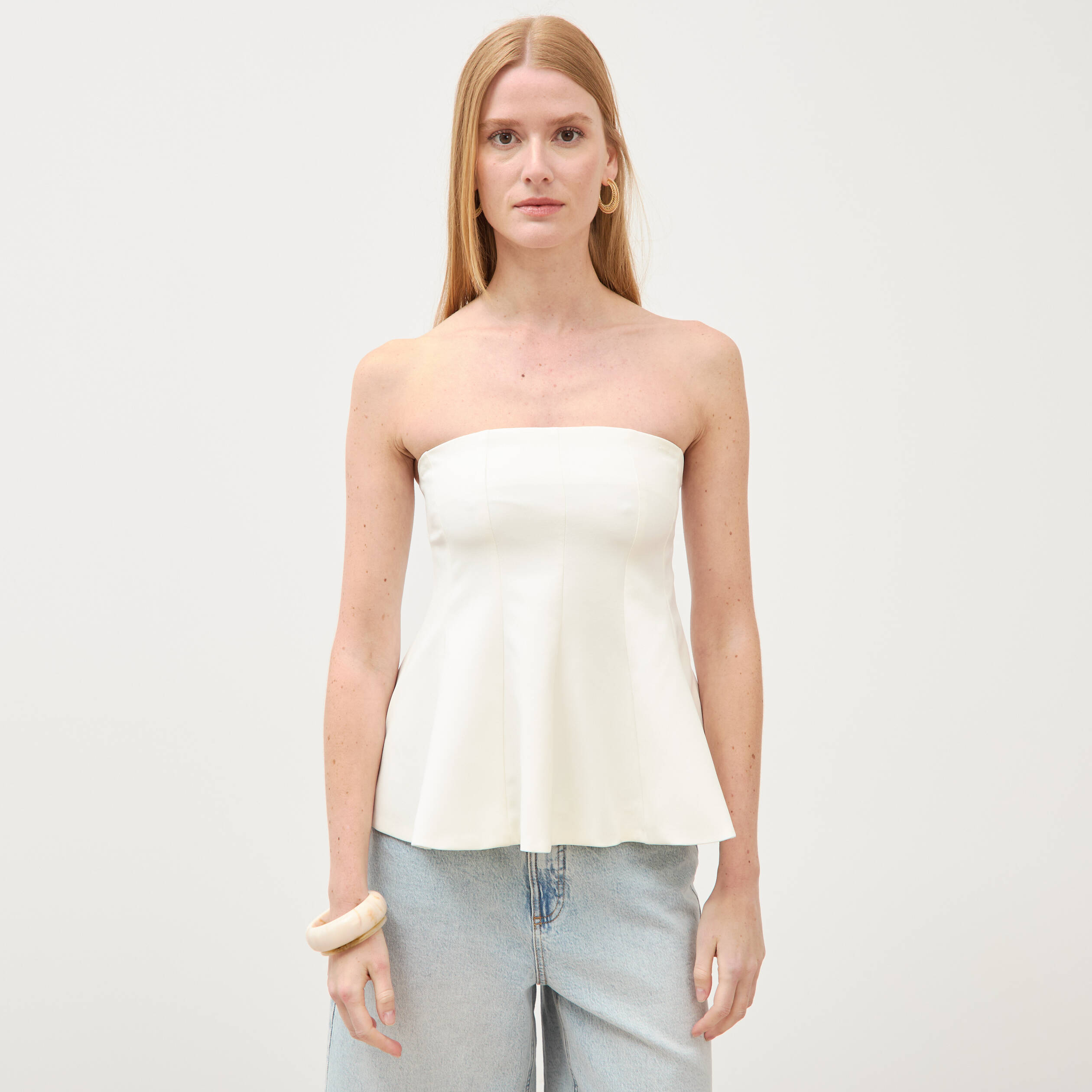 Top bustier &agrave; volants doubl&eacute; ecru femme