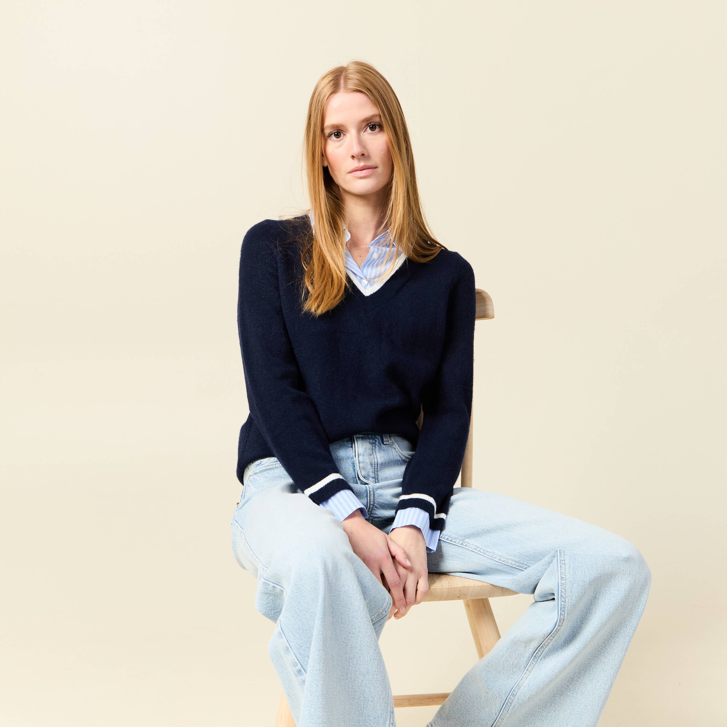Pull manches longues 2-en-1 bleu fonc&eacute; femme
