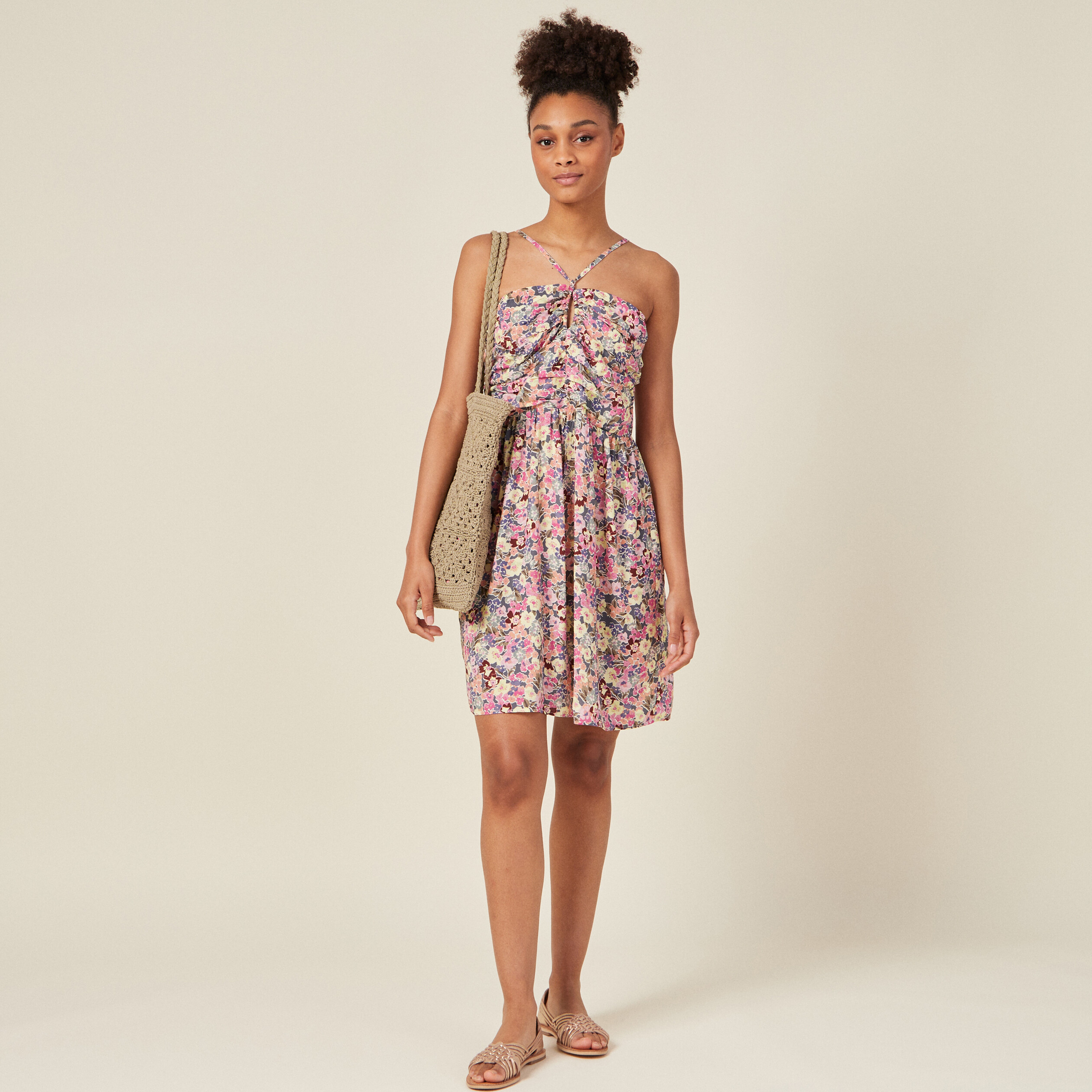 Robe droite froncée multicolore femme