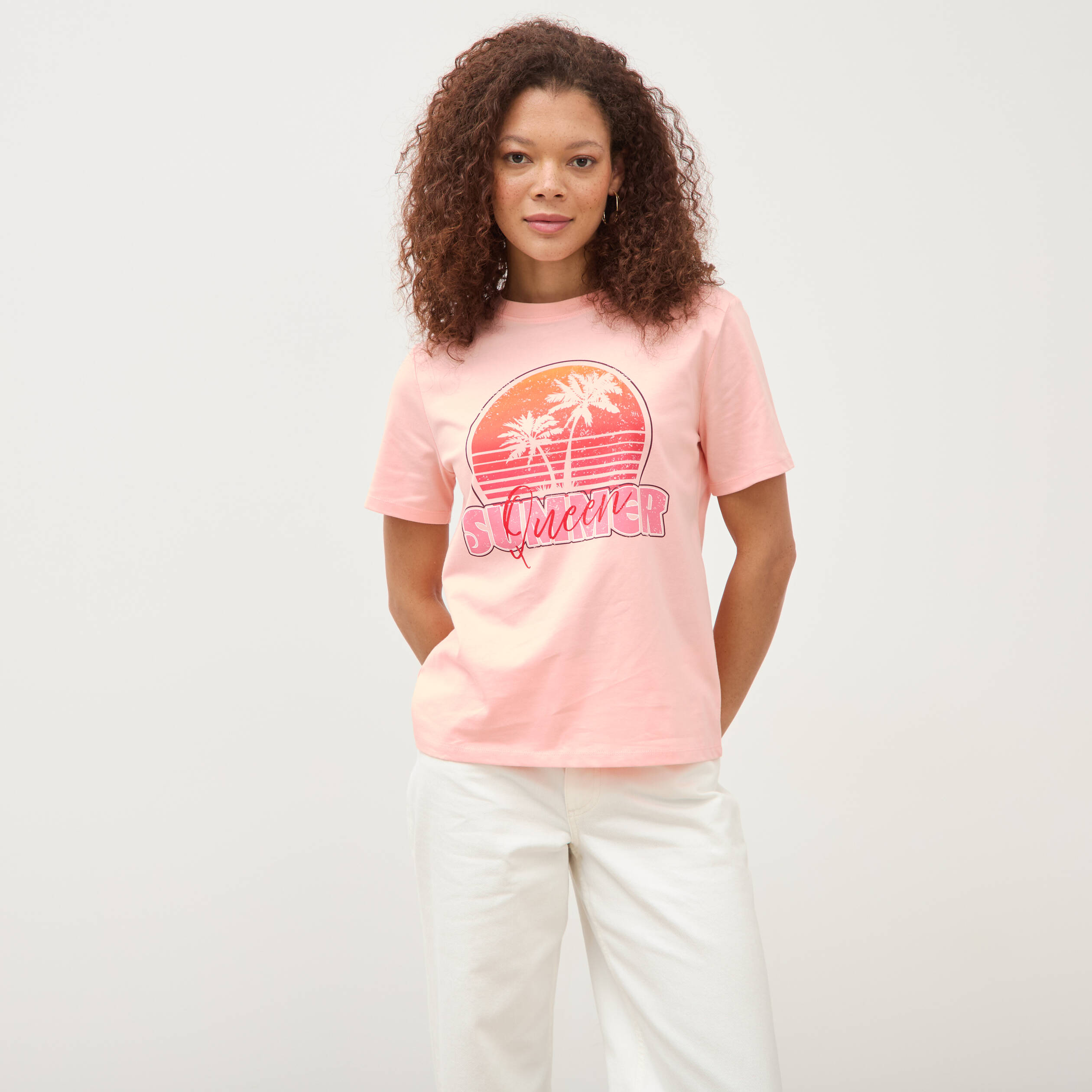 T-shirt droit col rond manches courtes rose saumon femme