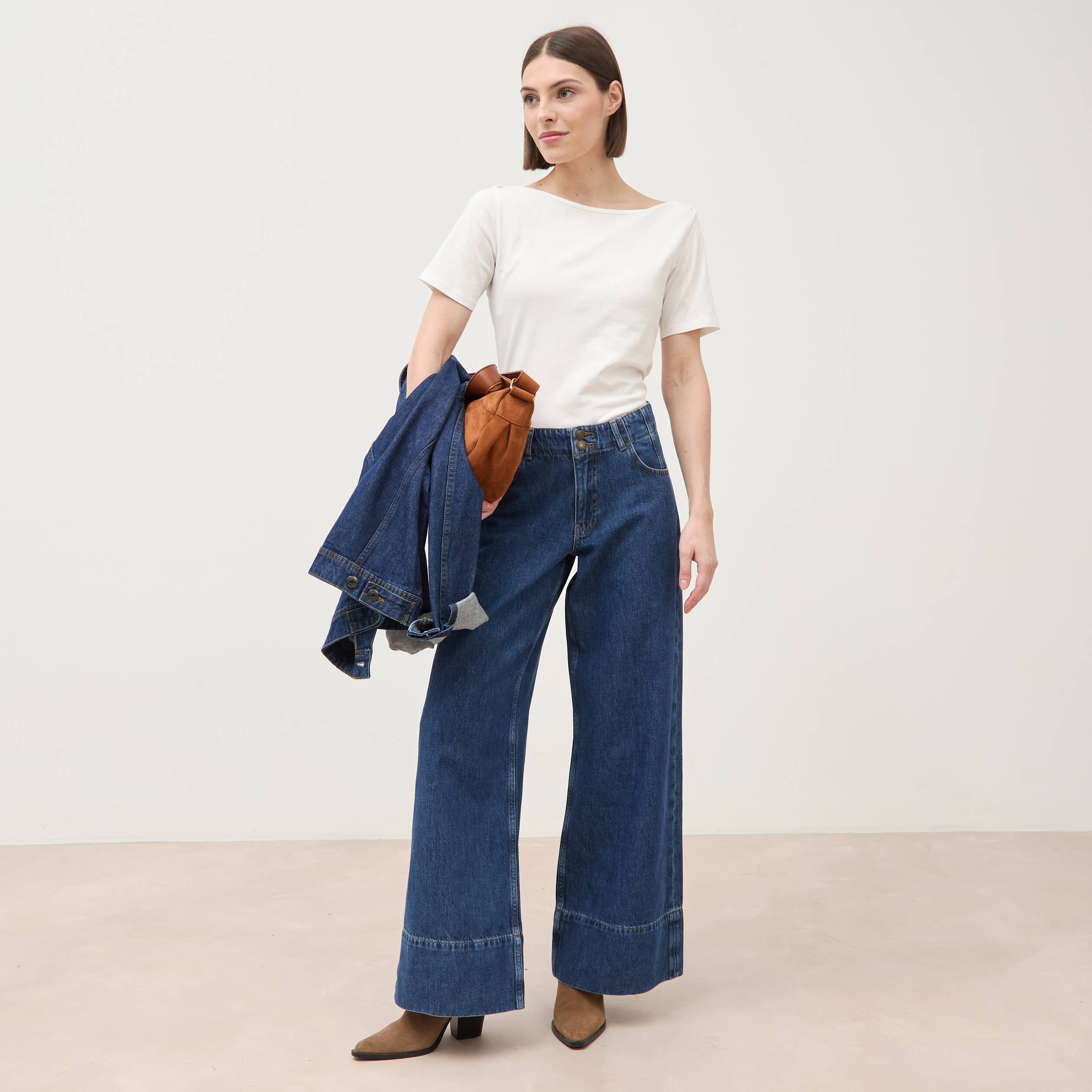 Jeans loose taille haute en coton denim used femme
