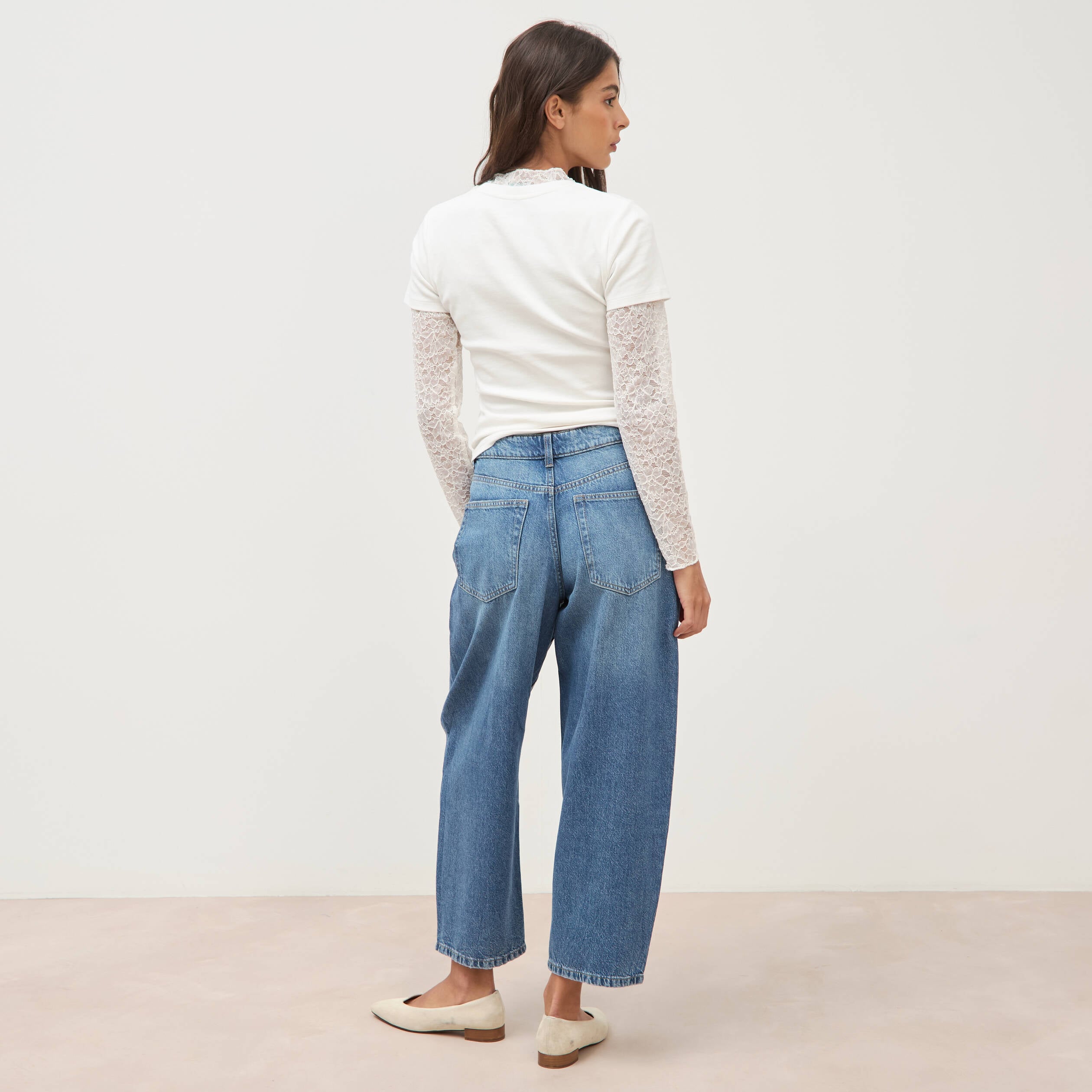 Jeans barrel 7/8&egrave;me taille standard denim used femme
