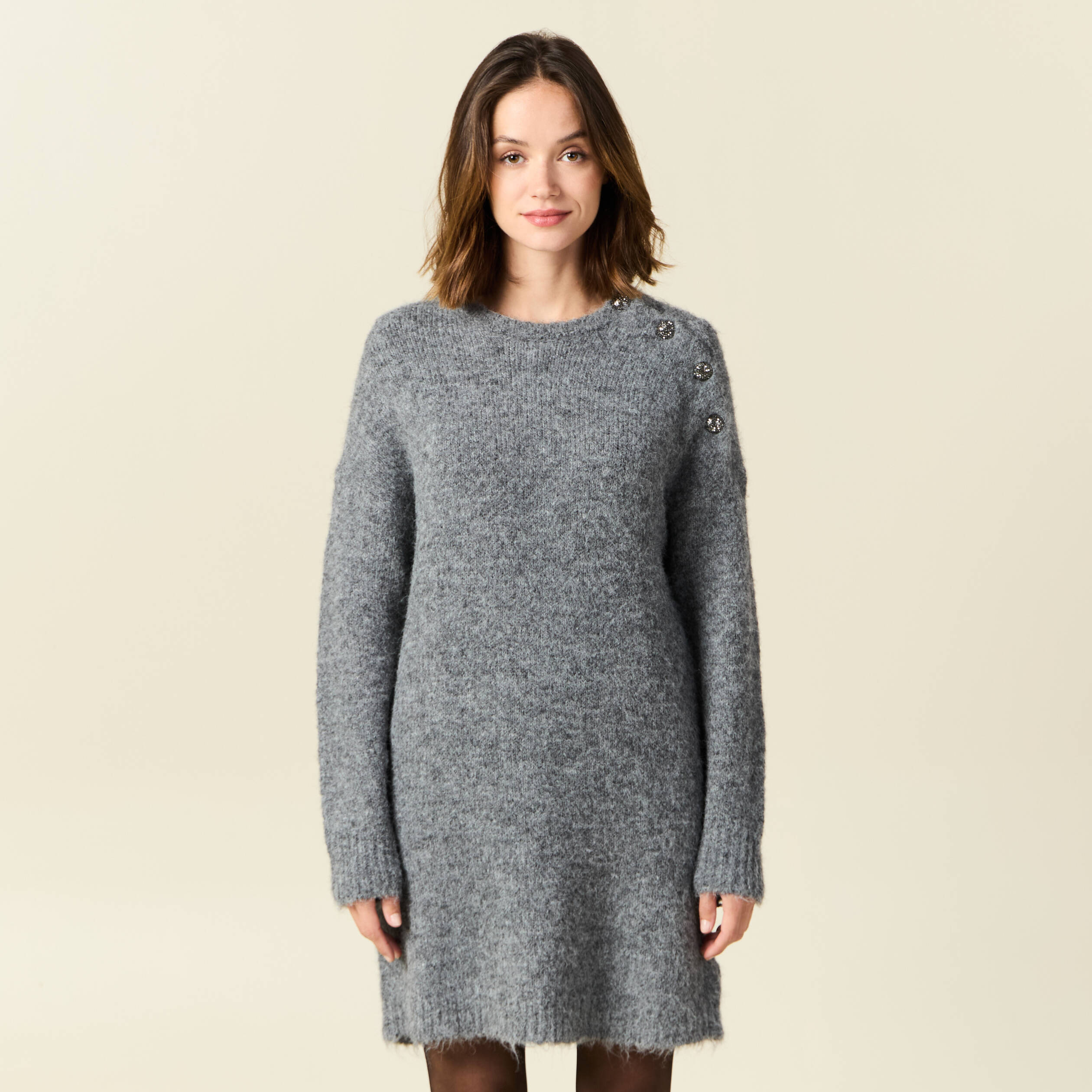 robe pull droite avec boutons gris clair femme Robe pull droite avec boutons gris clair femme