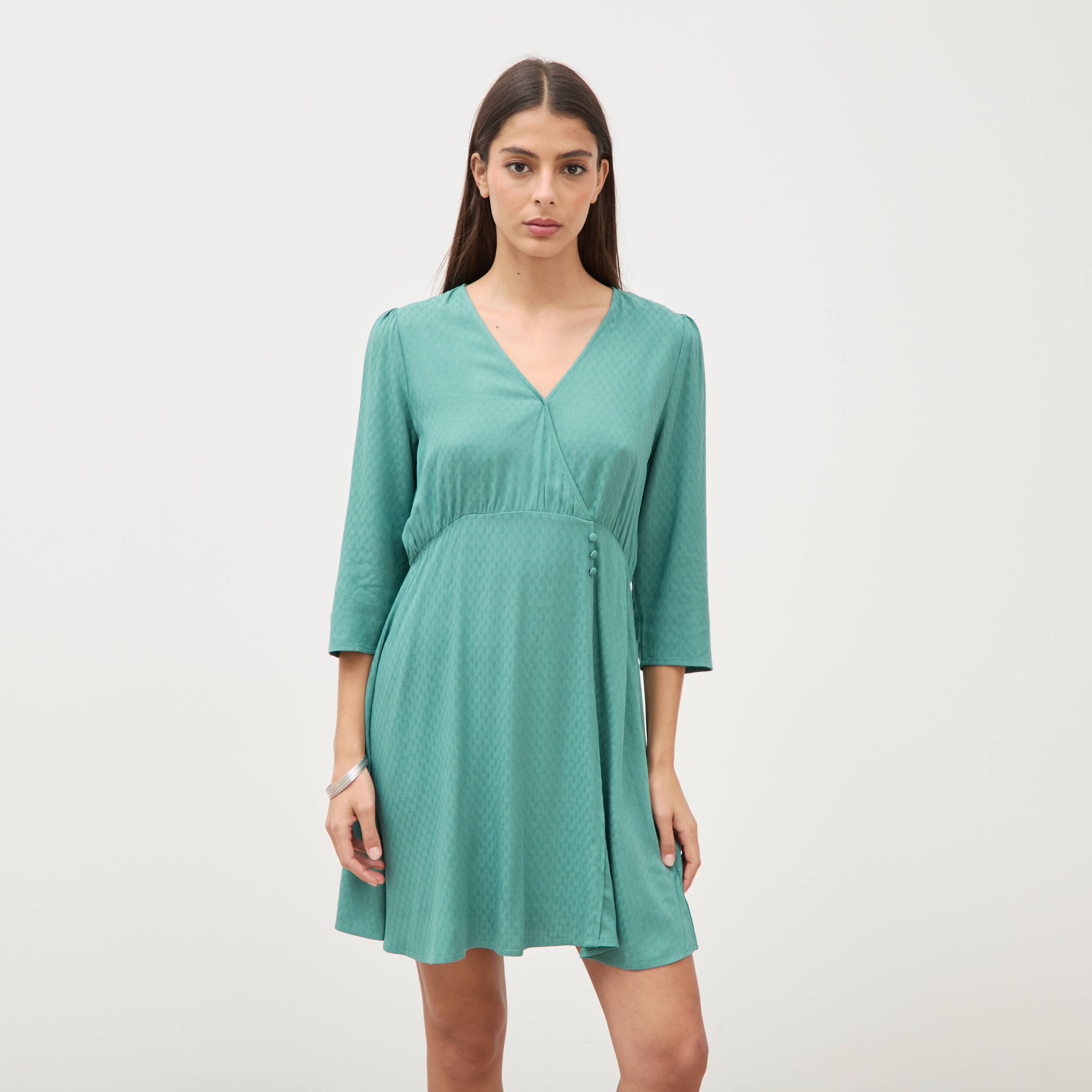Robe manches longues col v vert femme