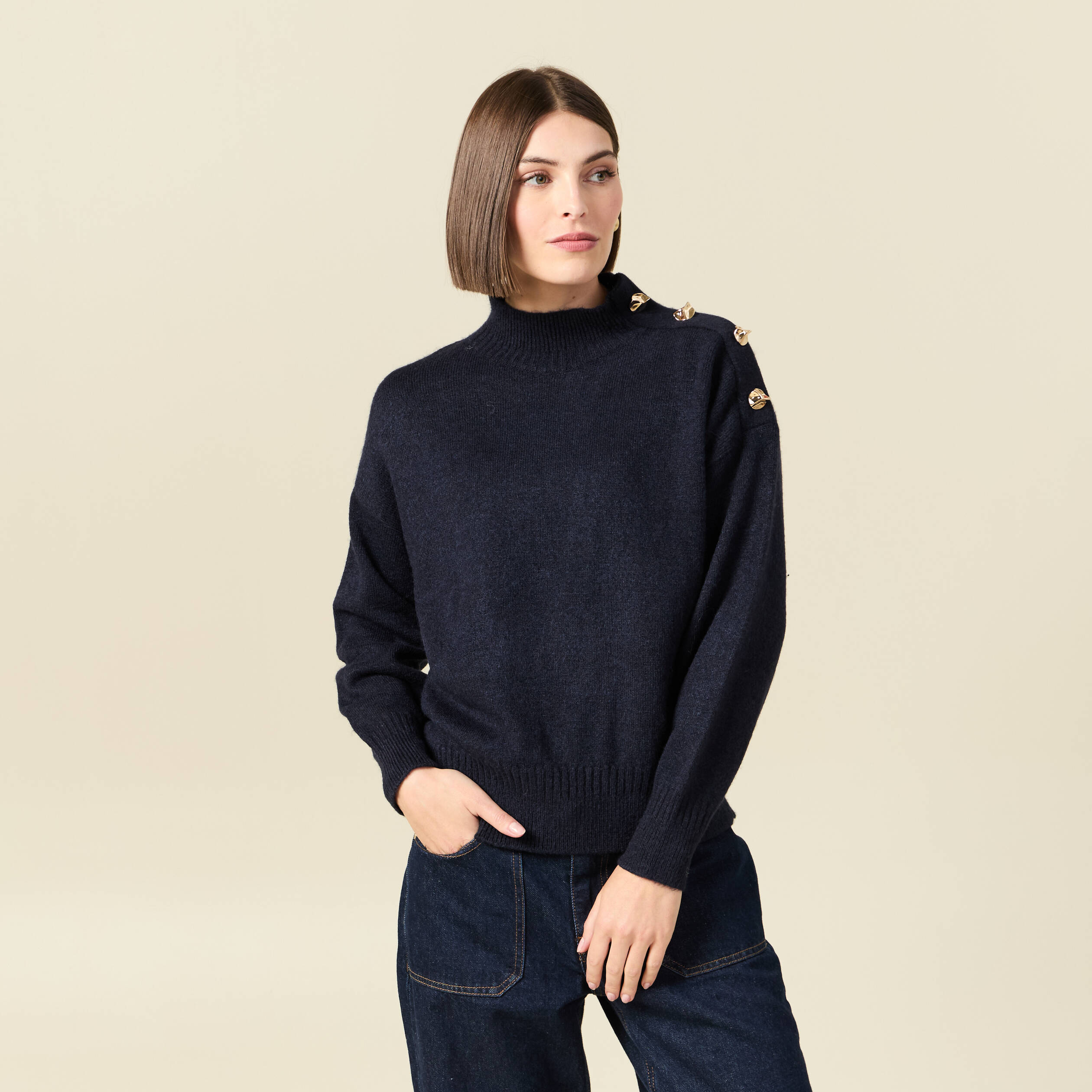 Pull col montant manches longues bleu marine femme