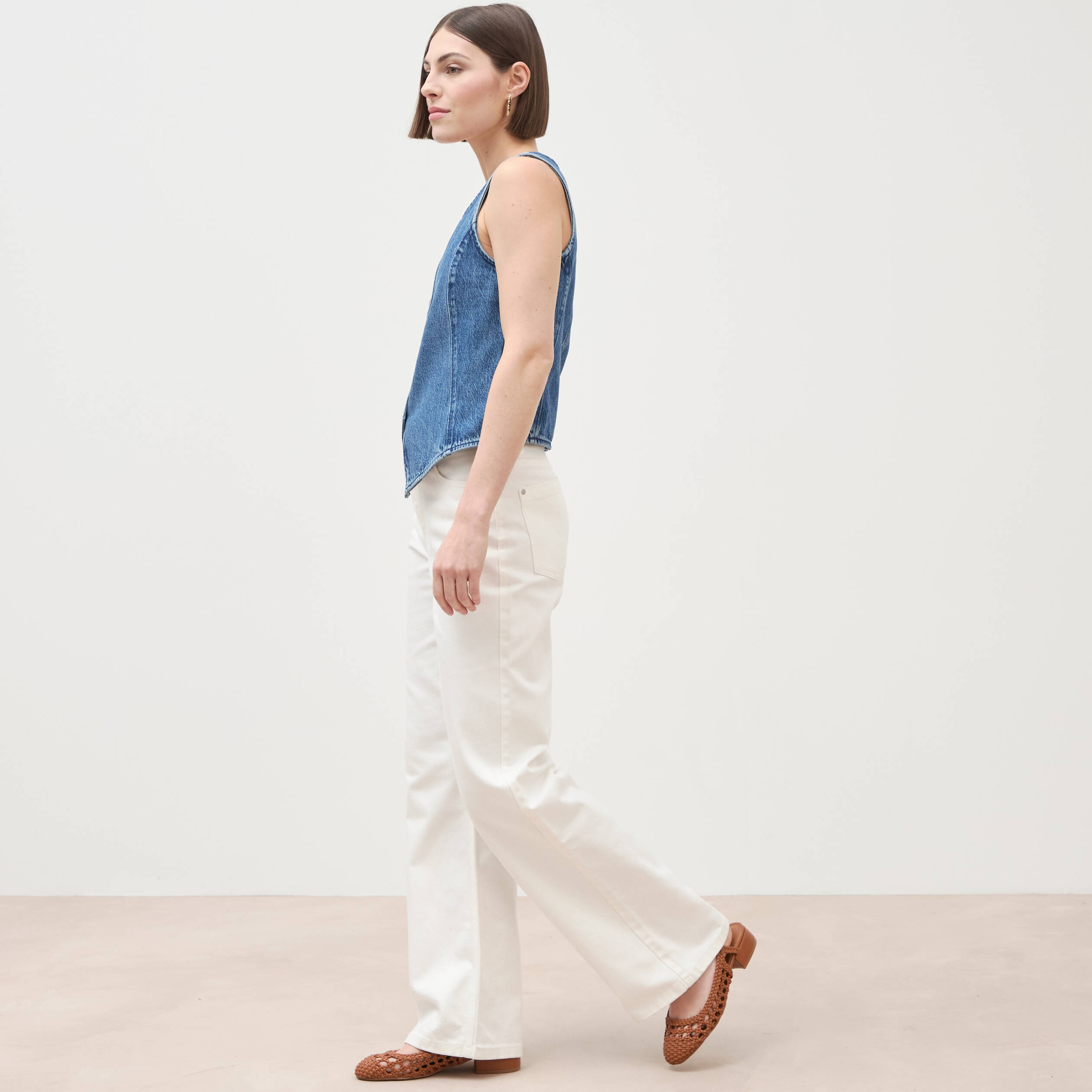 Gilet en jeans sans manches col rond denim used femme