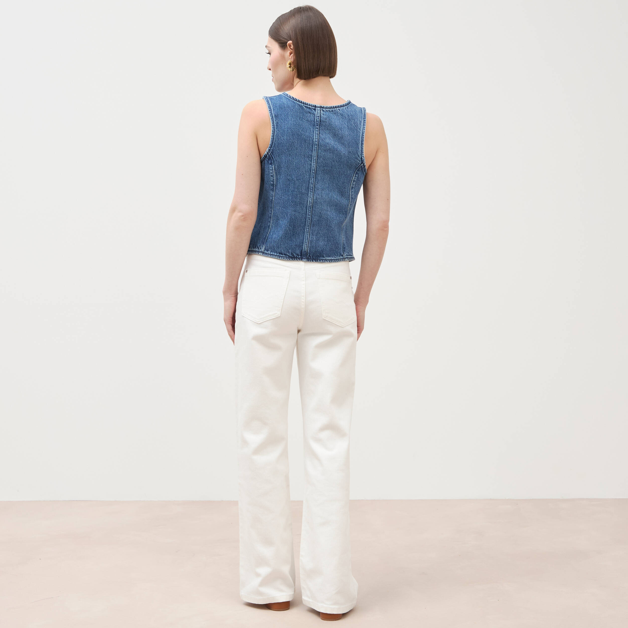 Gilet en jeans sans manches col rond denim used femme