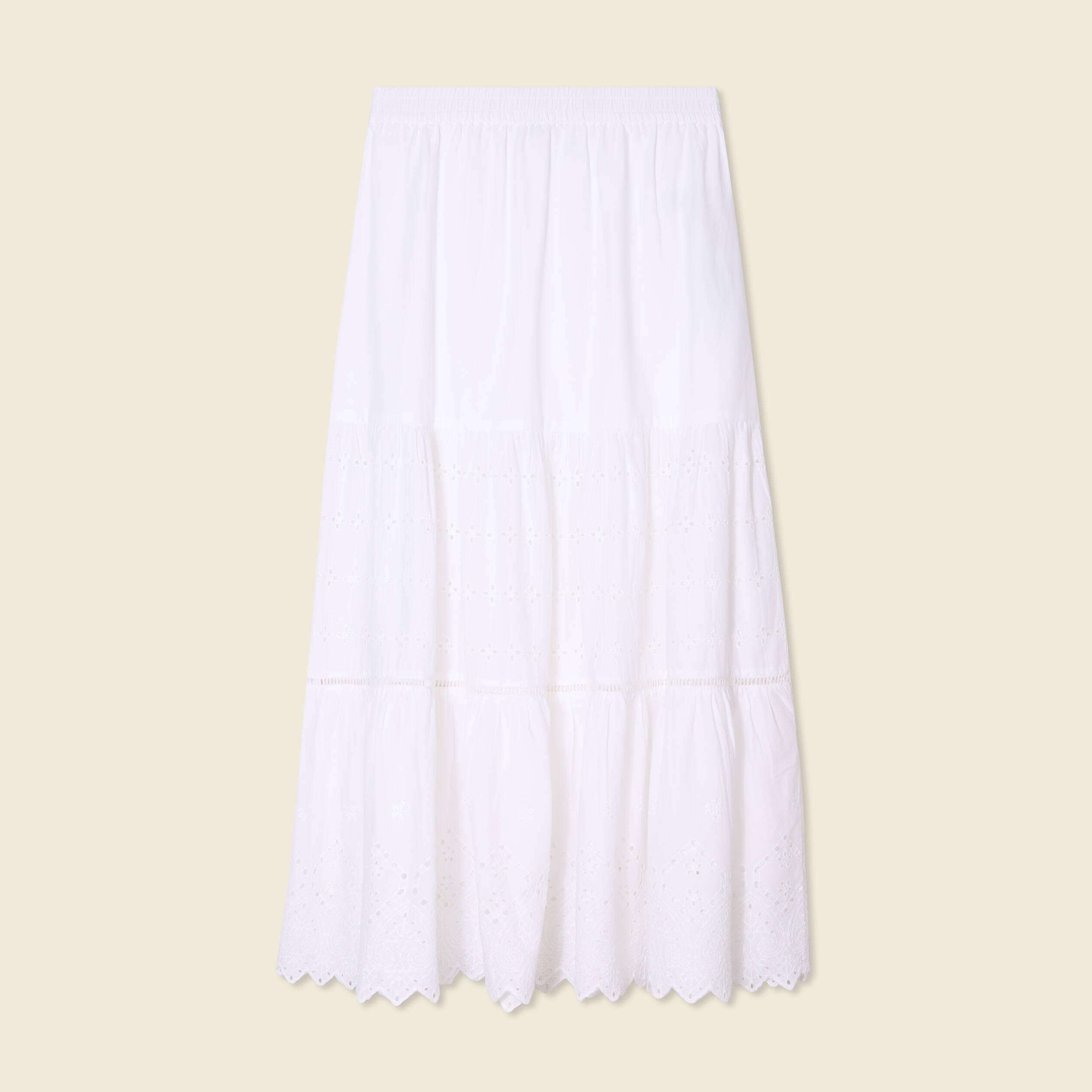 jupe longue droite brodee ecru femme Jupe longue droite brodée ecru femme