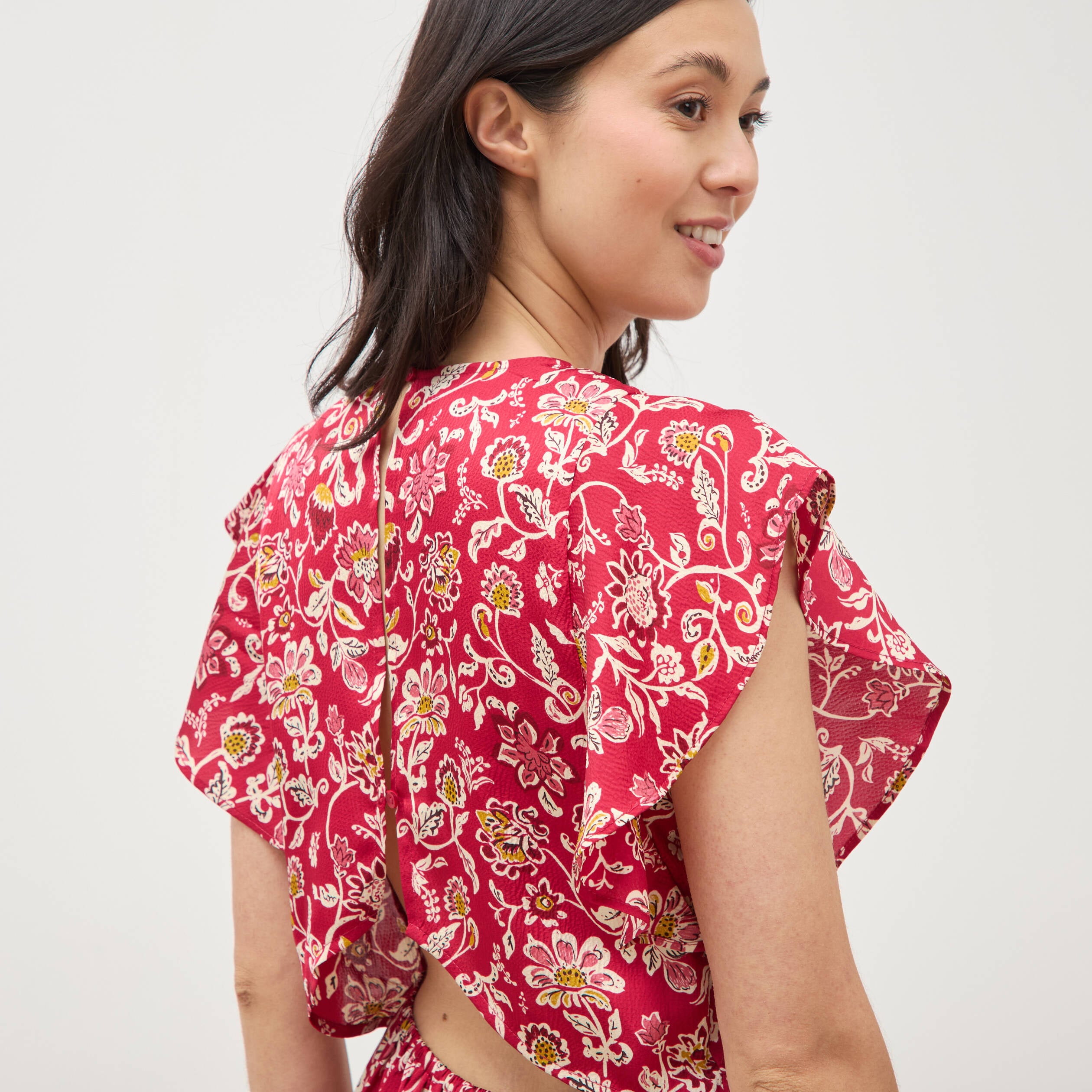 Robe fluide col v manches courtes rouge cerise femme