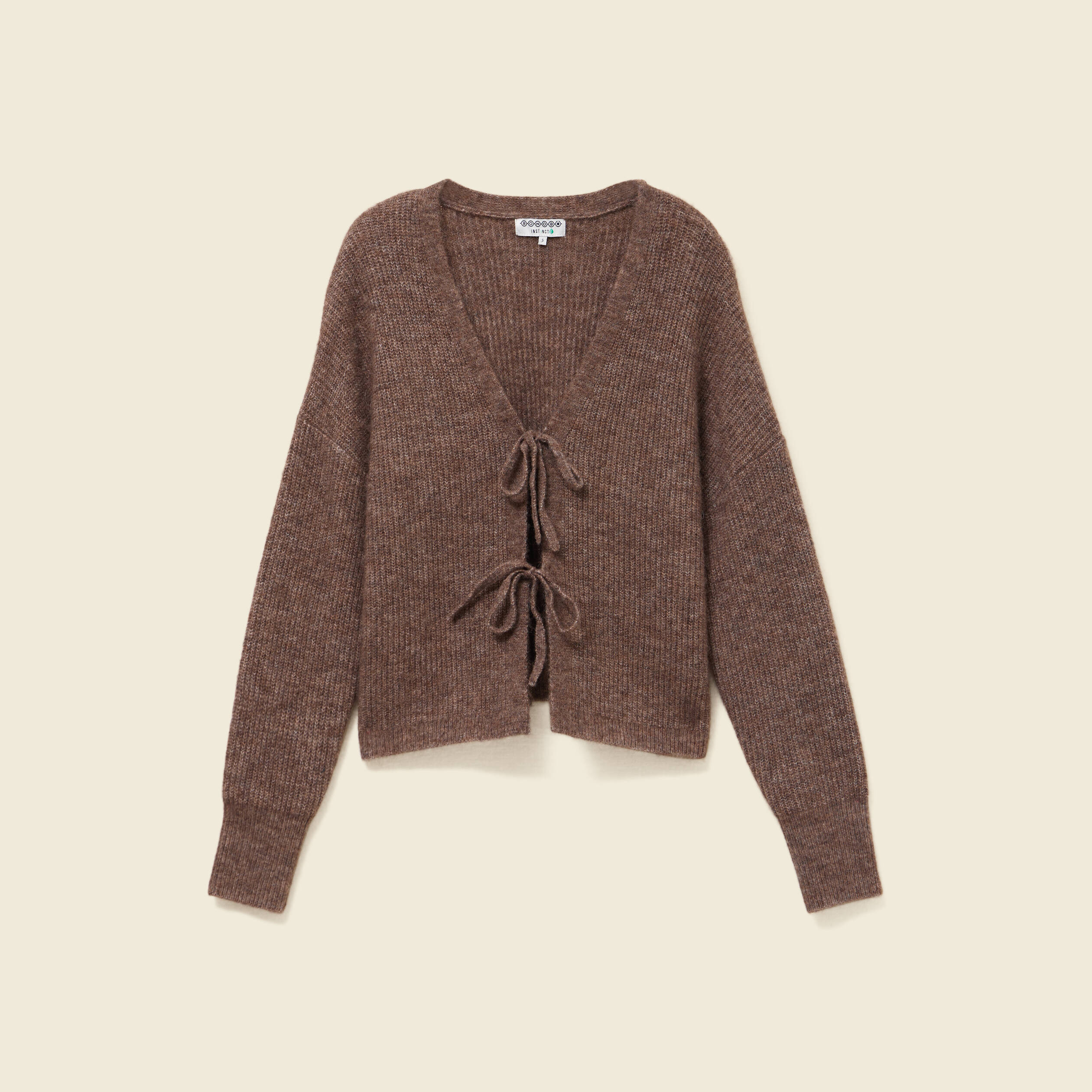 Gilet col V manches longues n&oelig;uds marron femme