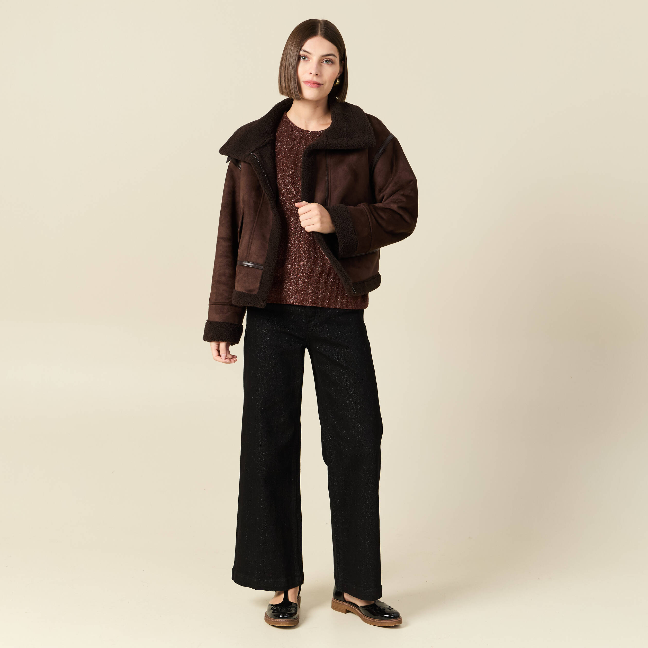 T-shirt manches courtes brillant marron femme