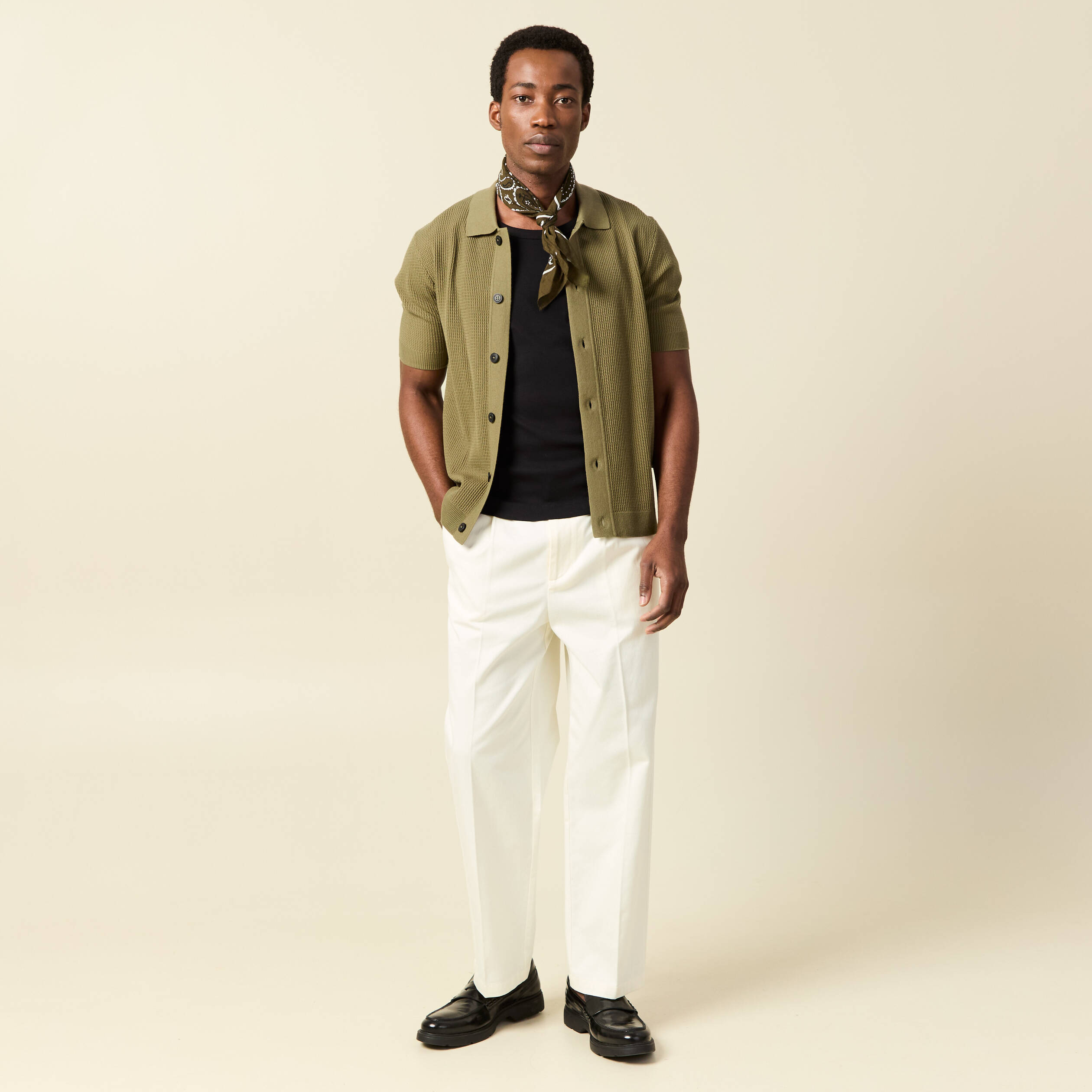 Chemise manches courtes col polo vert kaki homme
