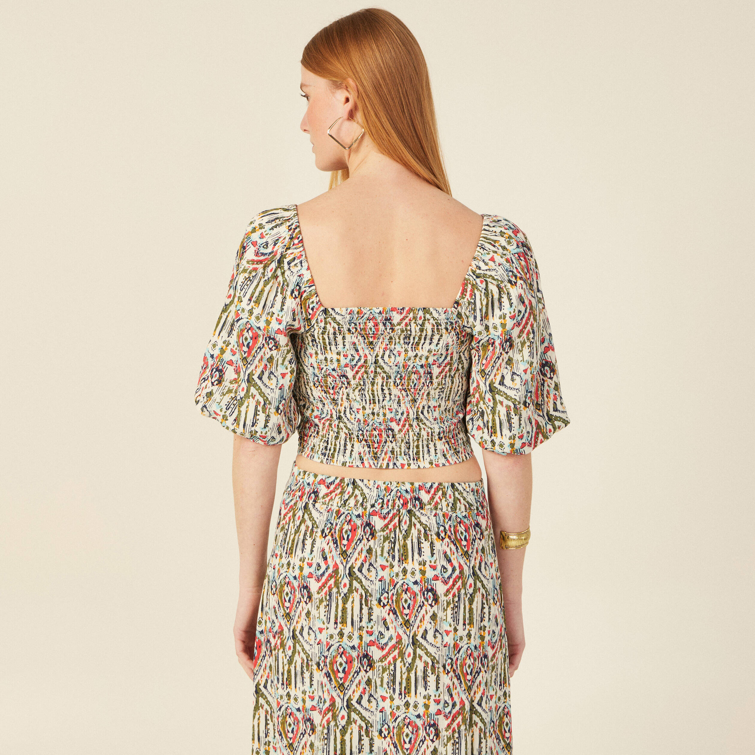 blouse manches courtes smockee multicolore femme Blouse manches courtes smockée multicolore femme