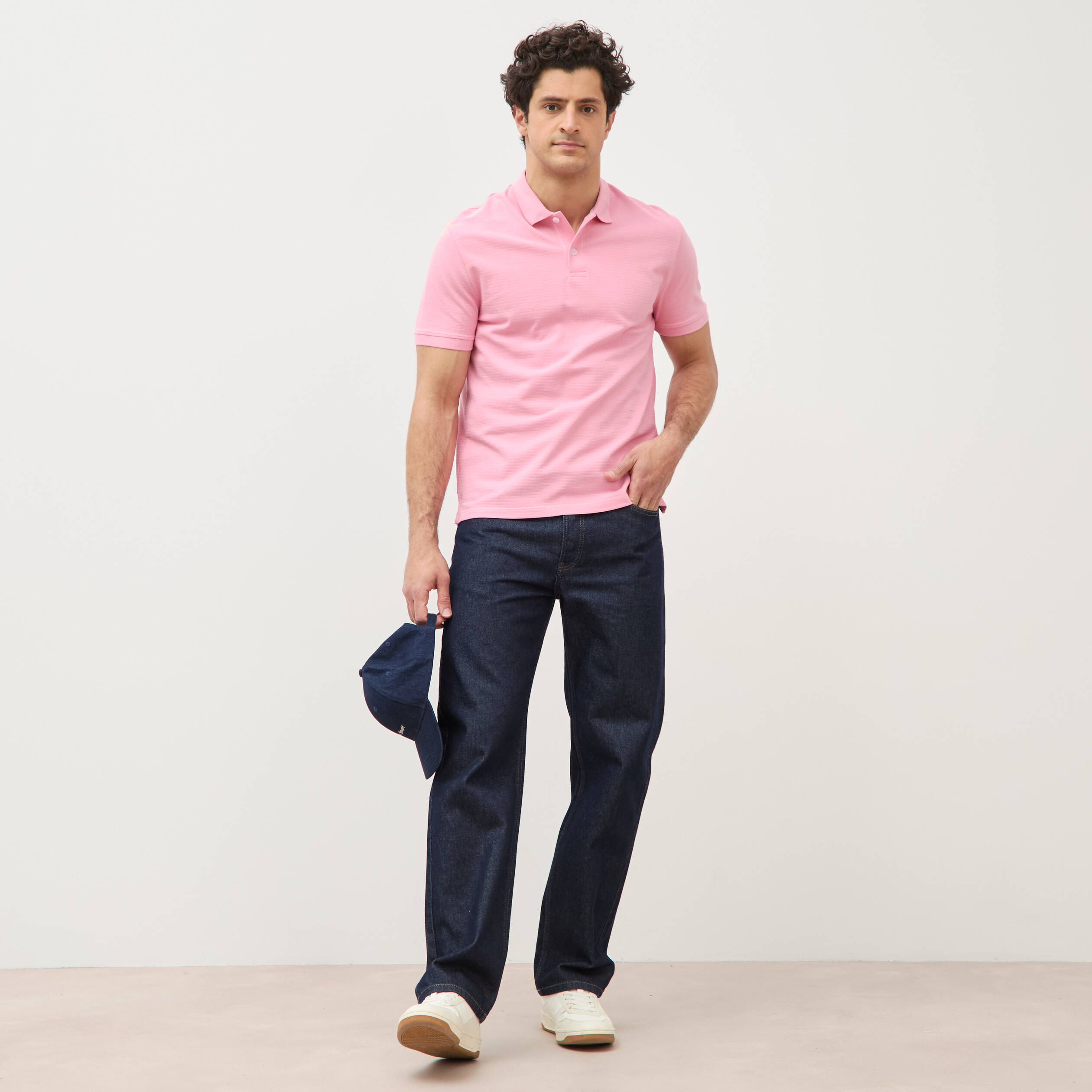 Polo cintr&eacute; en coton manches courtes rose homme