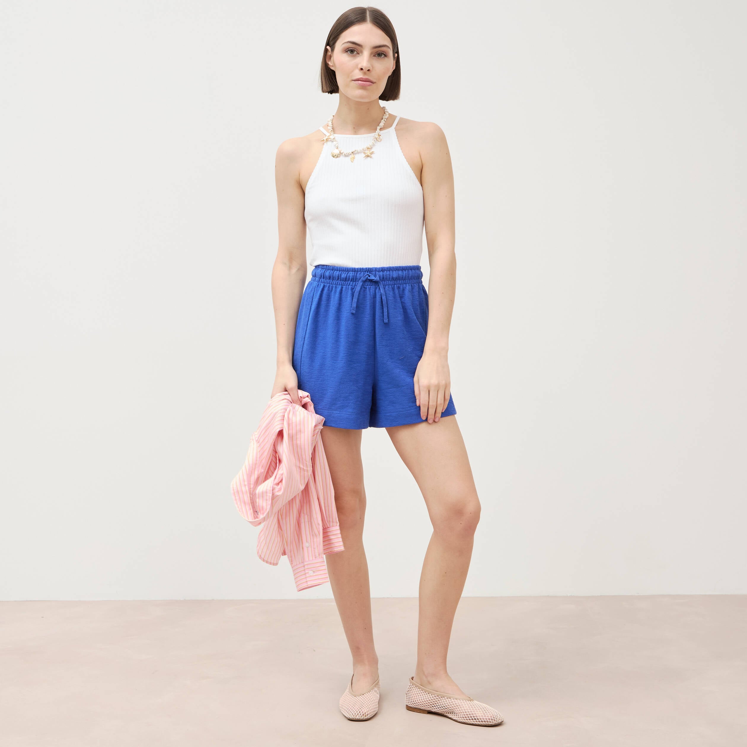 Short taille haute en maille ray&eacute;e bleu electrique femme