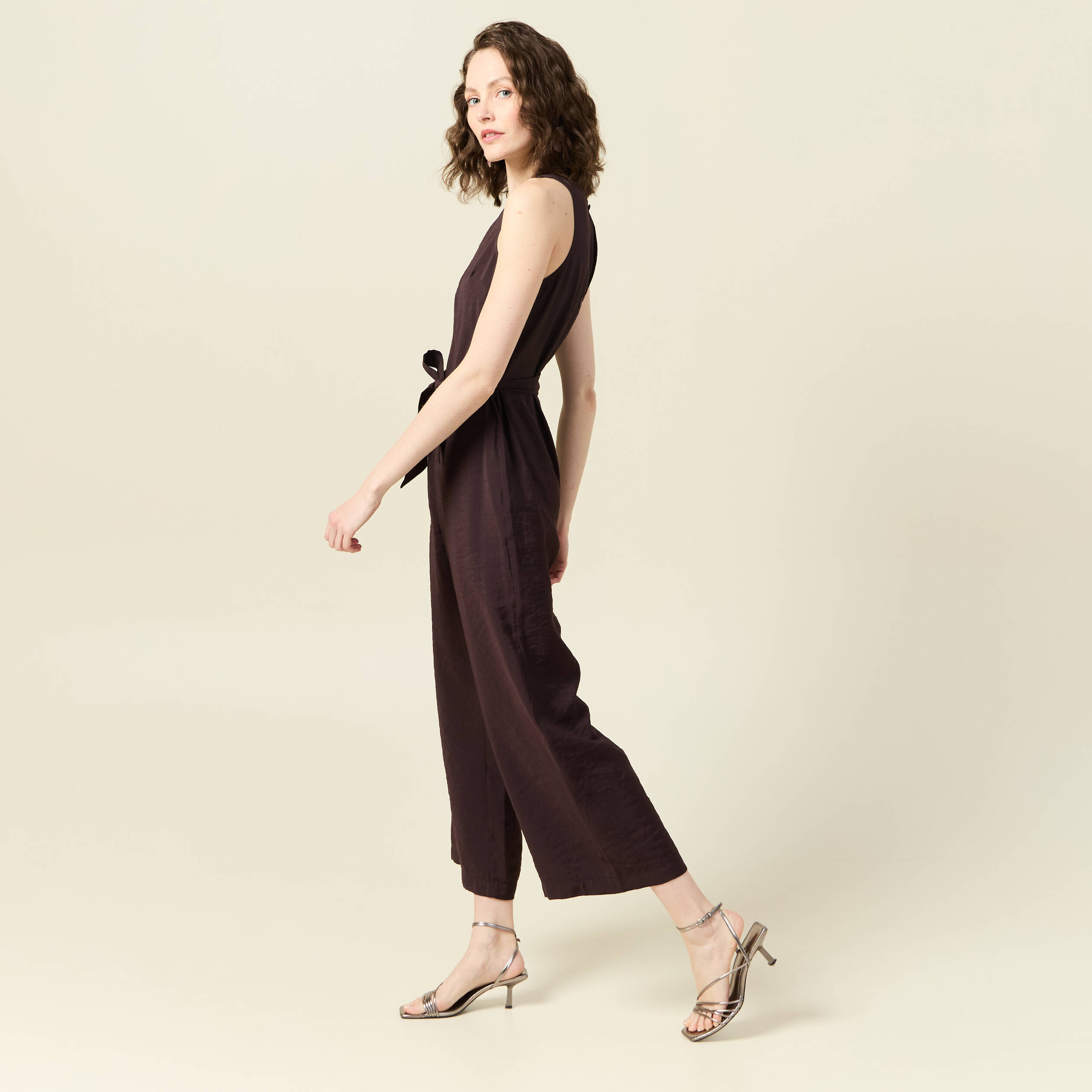 Combinaison pantalon large marron fonc&eacute; femme