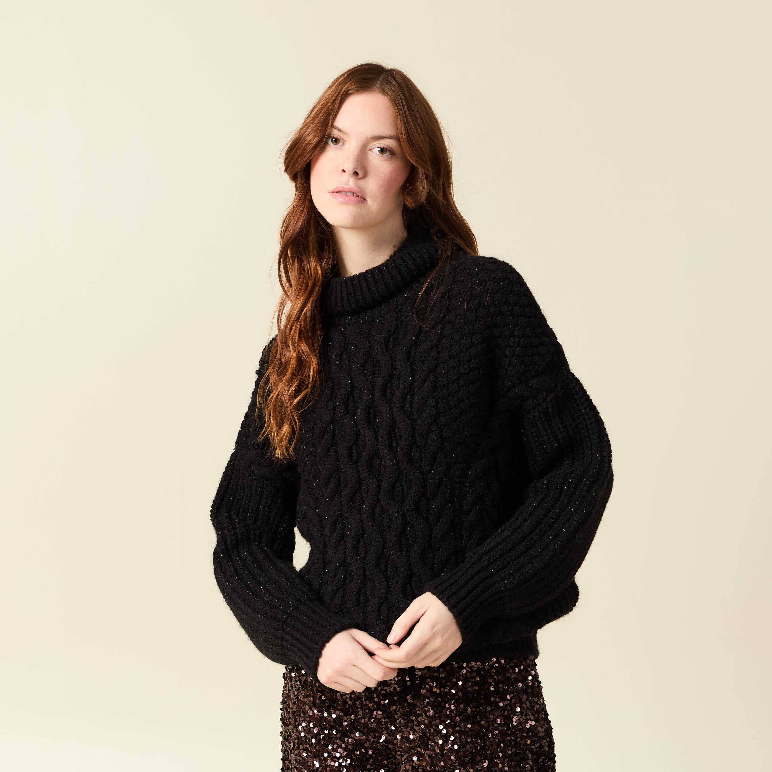 Pull manches longues col roul&eacute; brillant noir femme