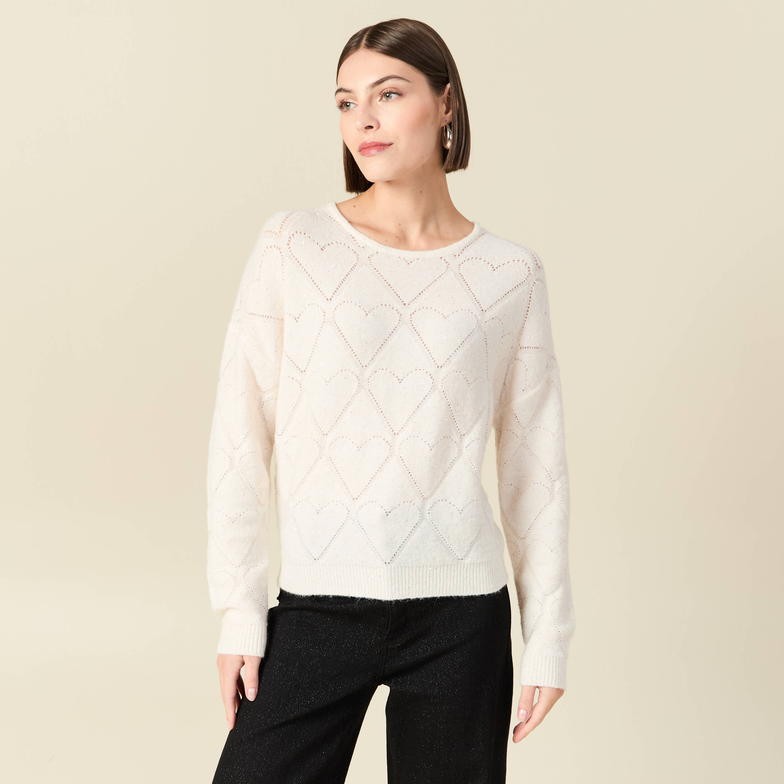 Pull manches longues col rond brillant ecru femme