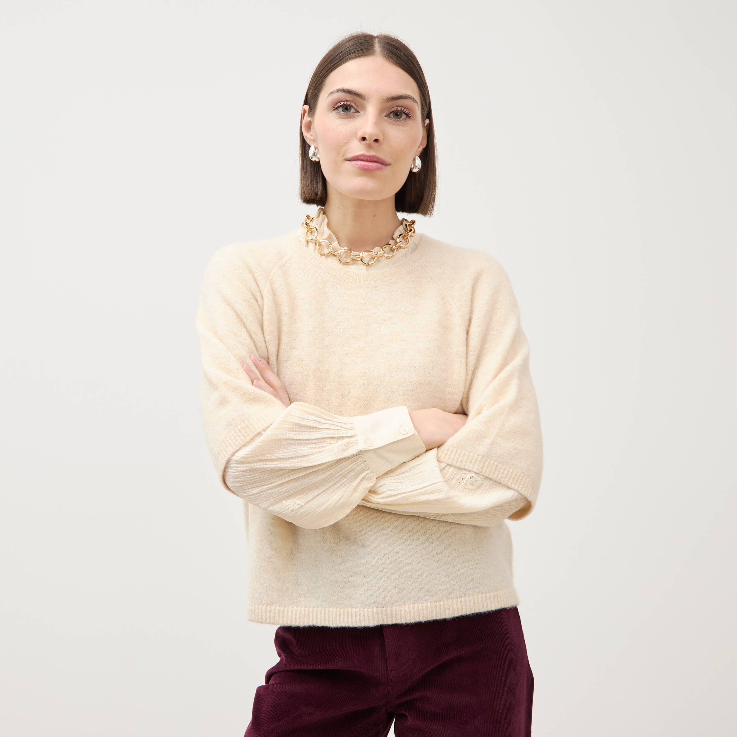 Pull droit col rond manches courtes ivoire femme