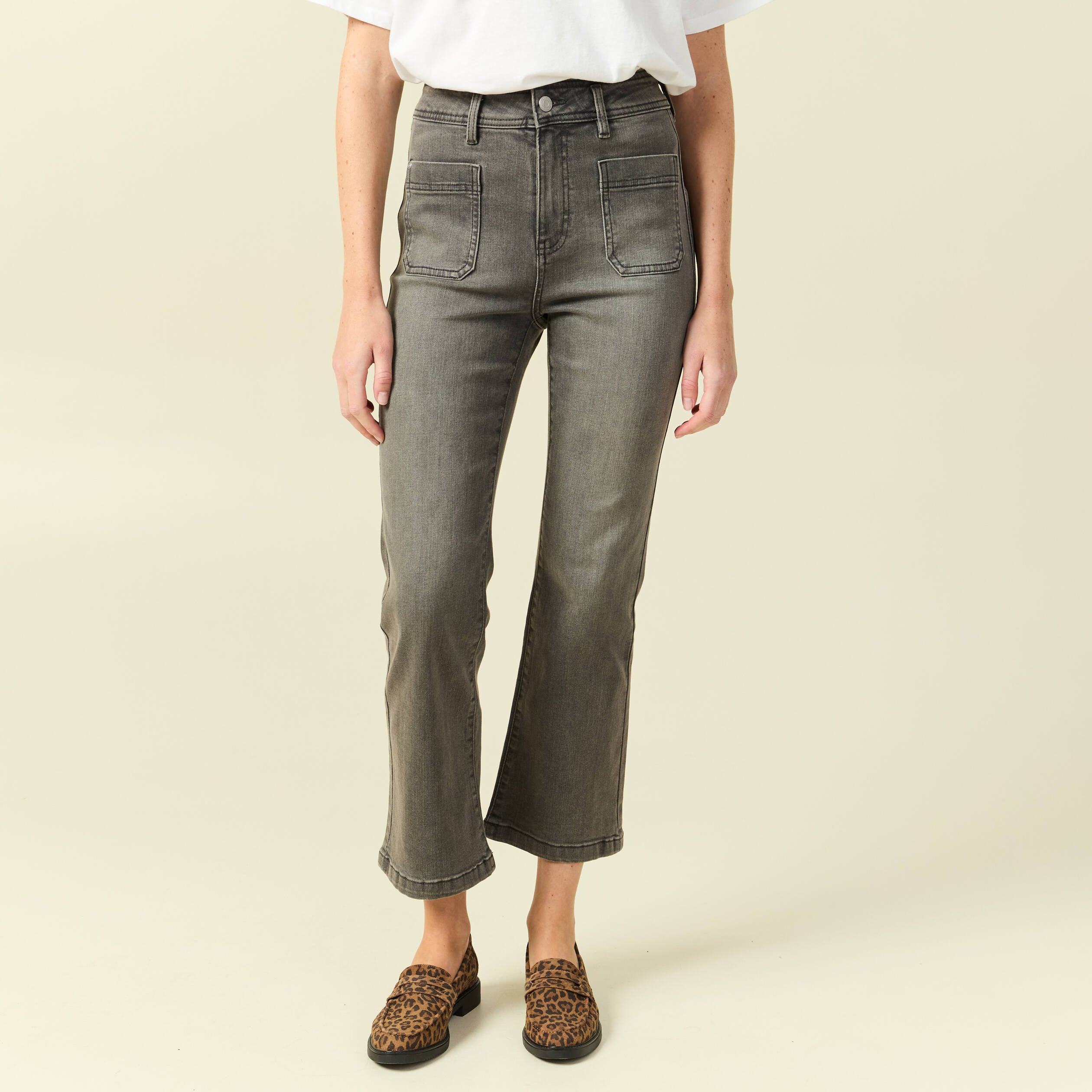 Jeans bootcut cropped taille haute denim gris femme