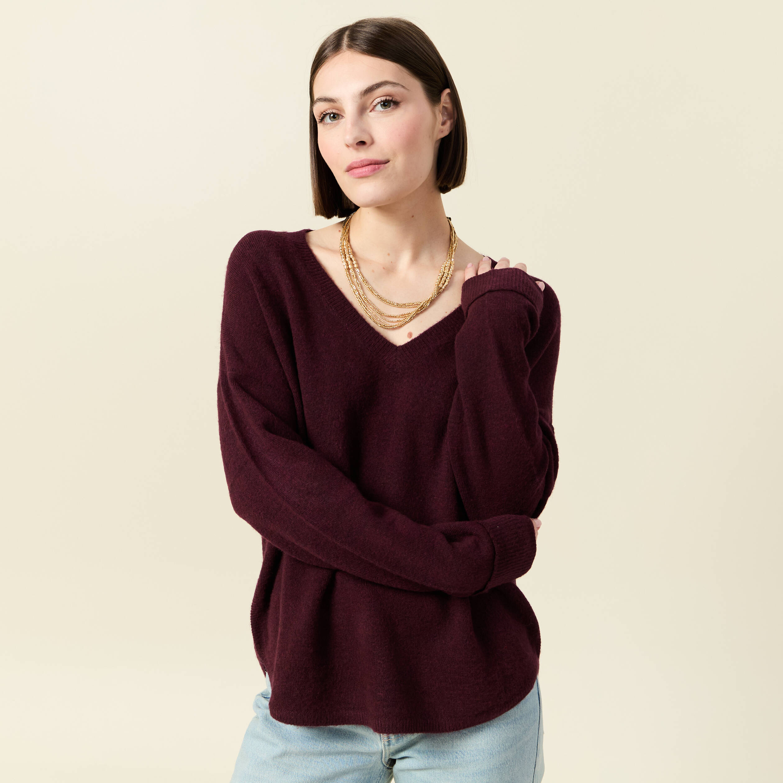 Pull manches longues col en V prune femme