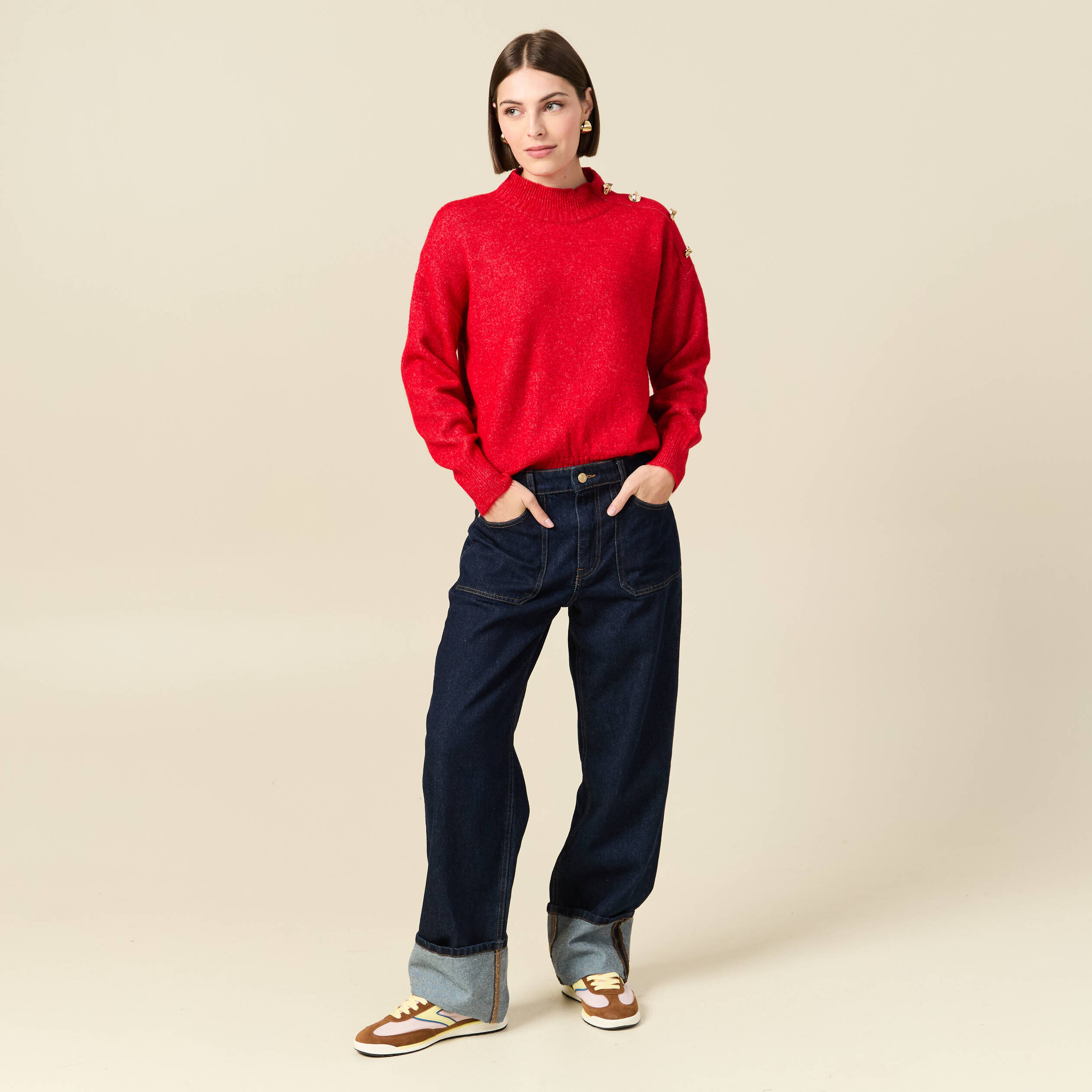 Pull col montant manches longues rouge femme
