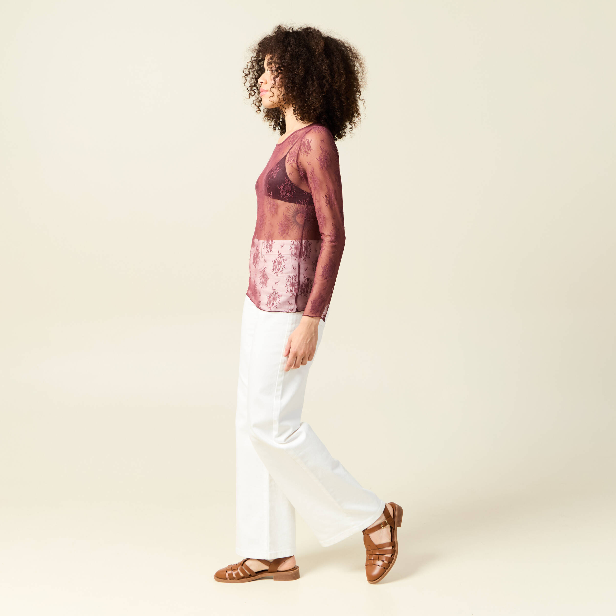 T-shirt ajusté manches longues col rond bordeaux femme Vibs