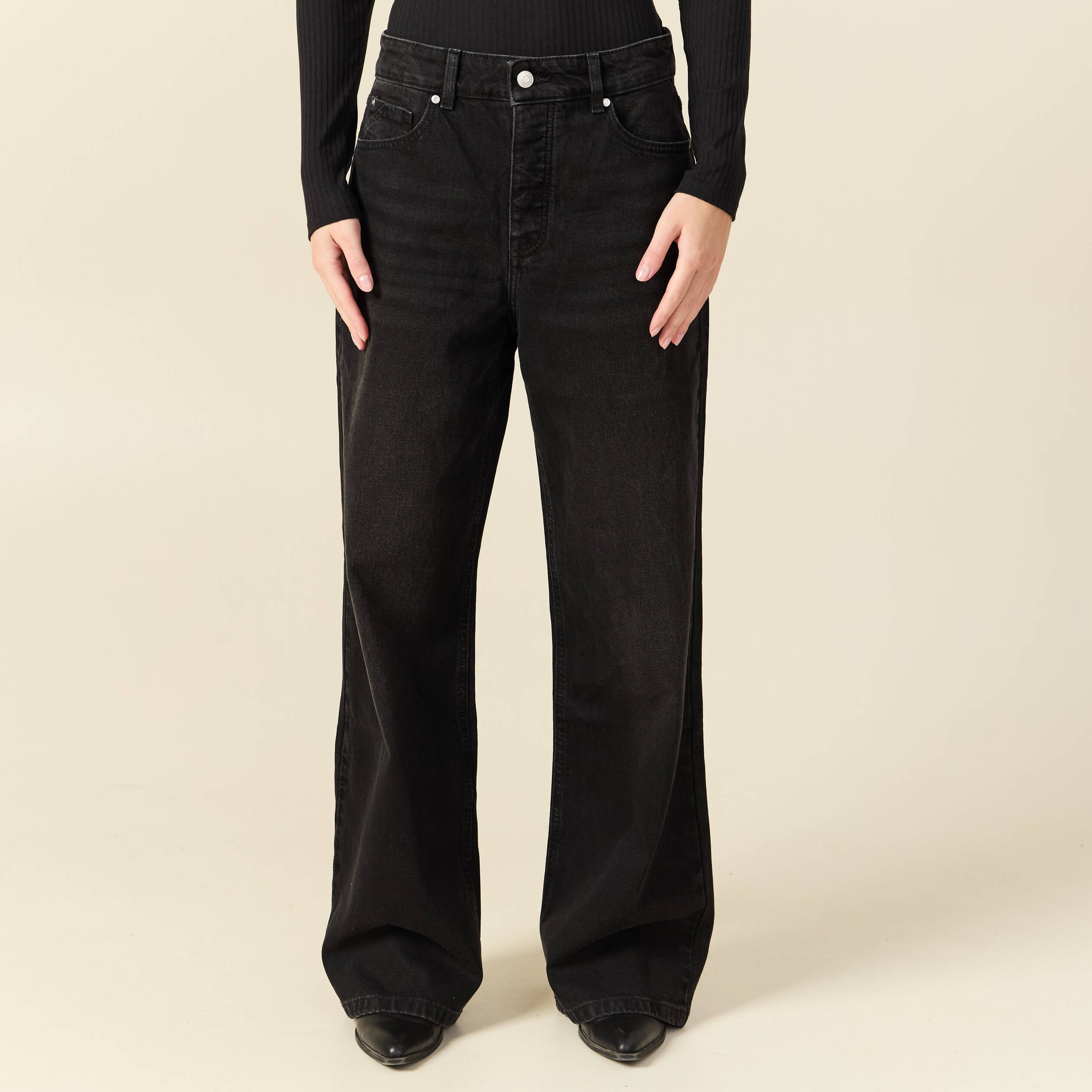 Jeans large taille haute denim noir femme