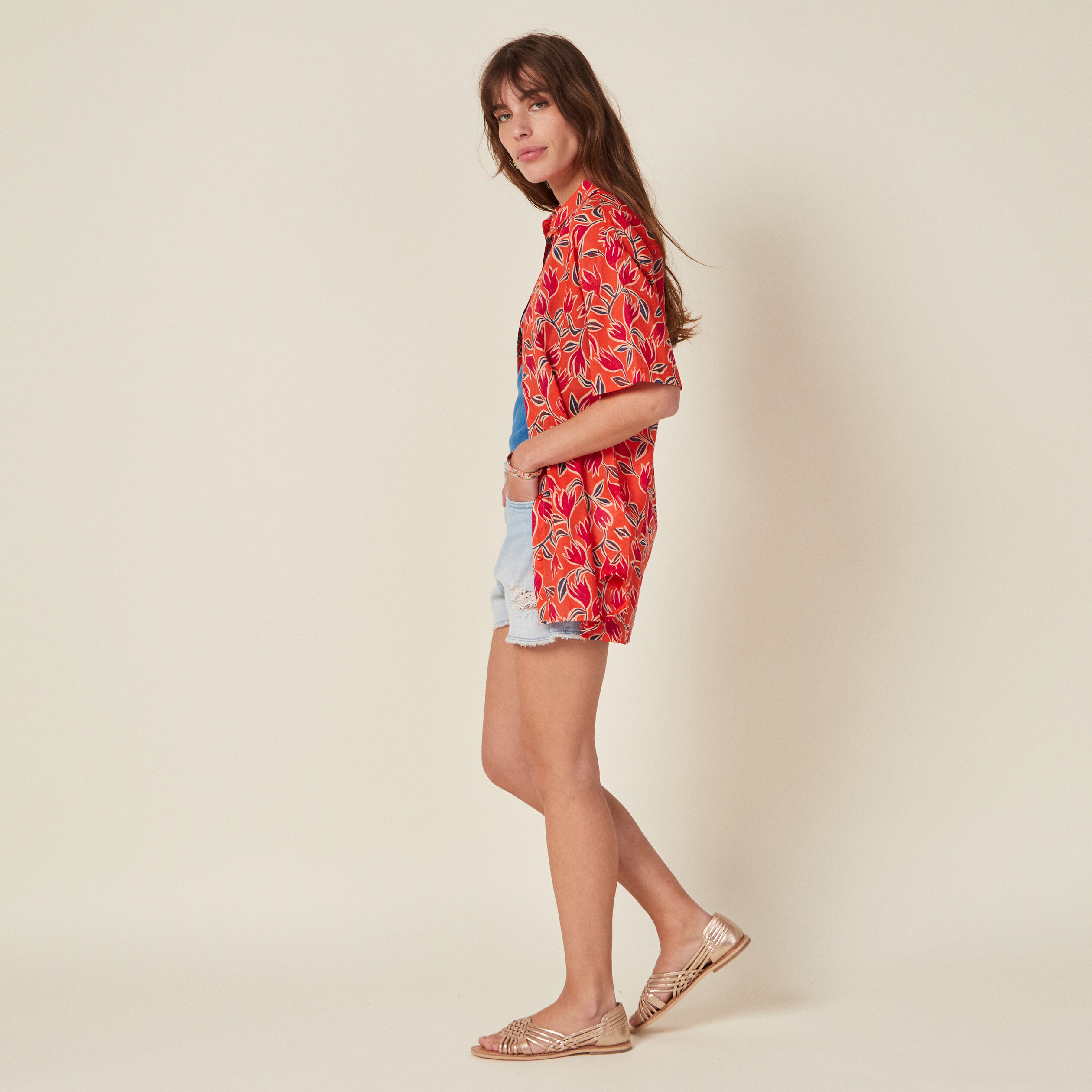 Chemise en coton manches courtes orange femme