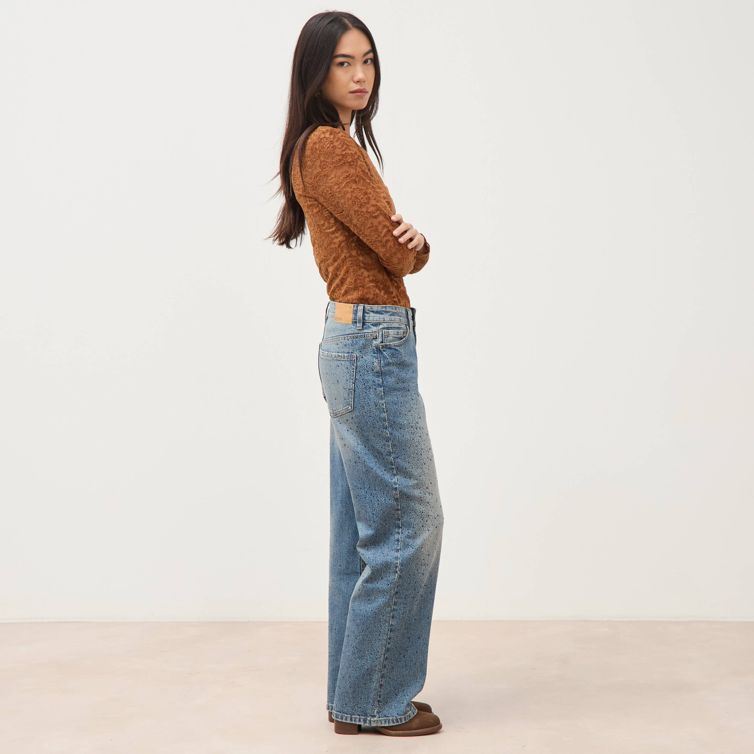 Jeans wide leg strass taille standard bleu femme