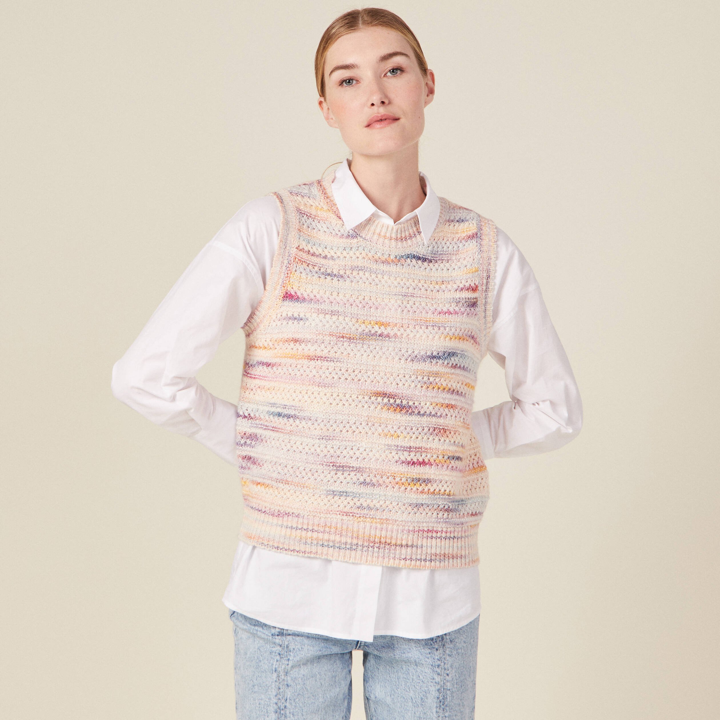 pull sans manches ajoure creme femme Pull sans manches ajouré creme femme