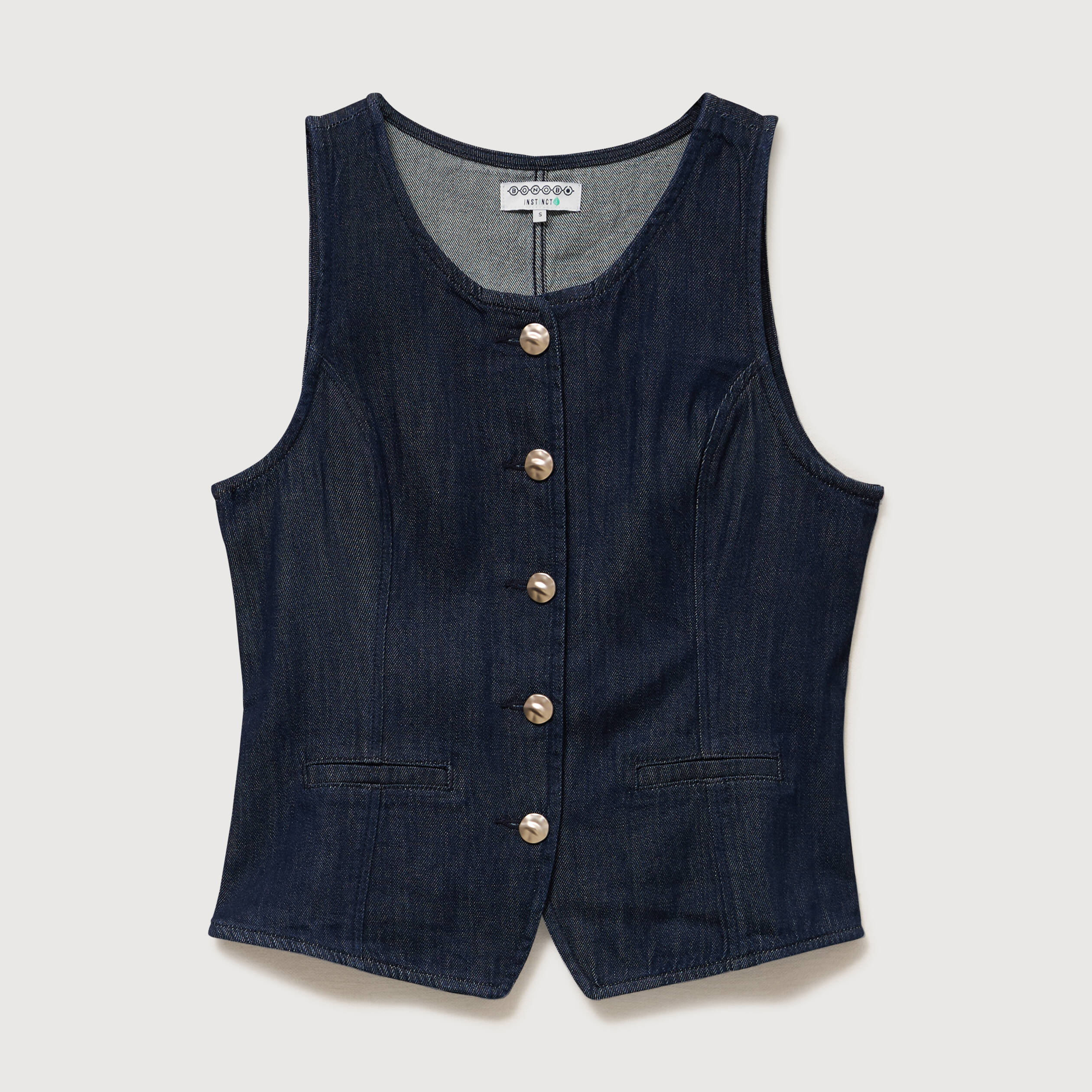Gilet en jeans sans manches col rond denim brut femme