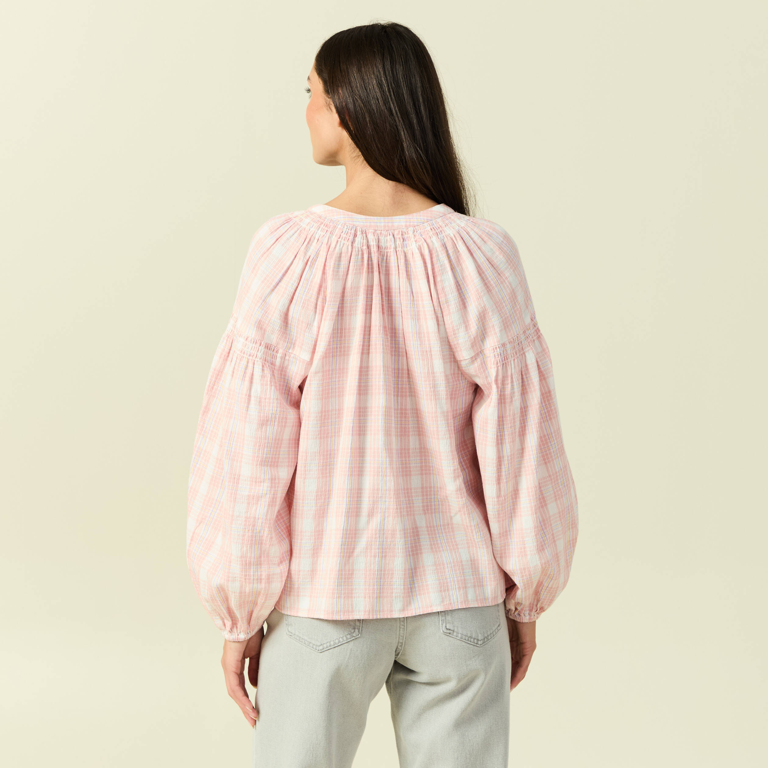 Blouse en coton &agrave; carreaux blanc femme