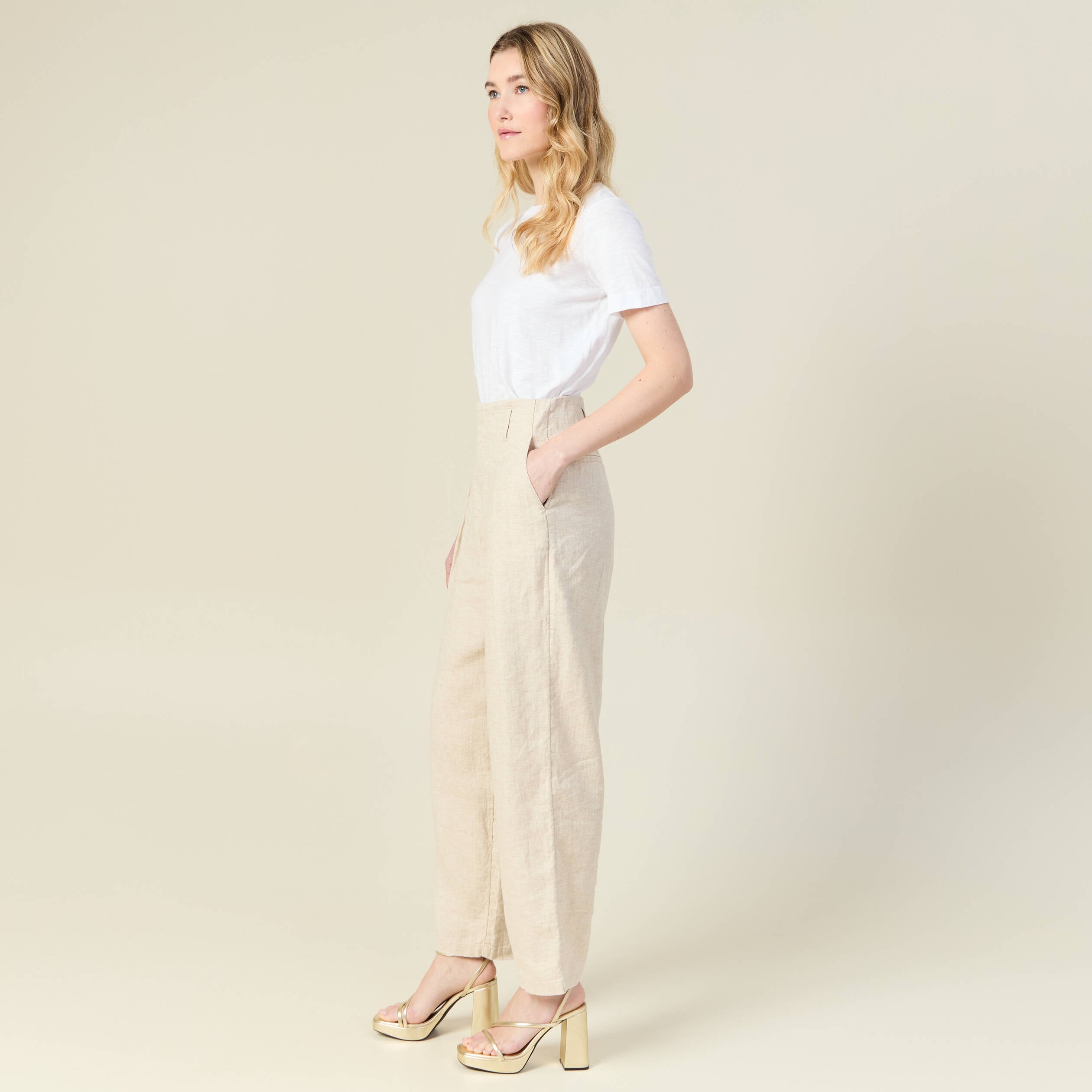 Pantalon large taille haute sable femme
