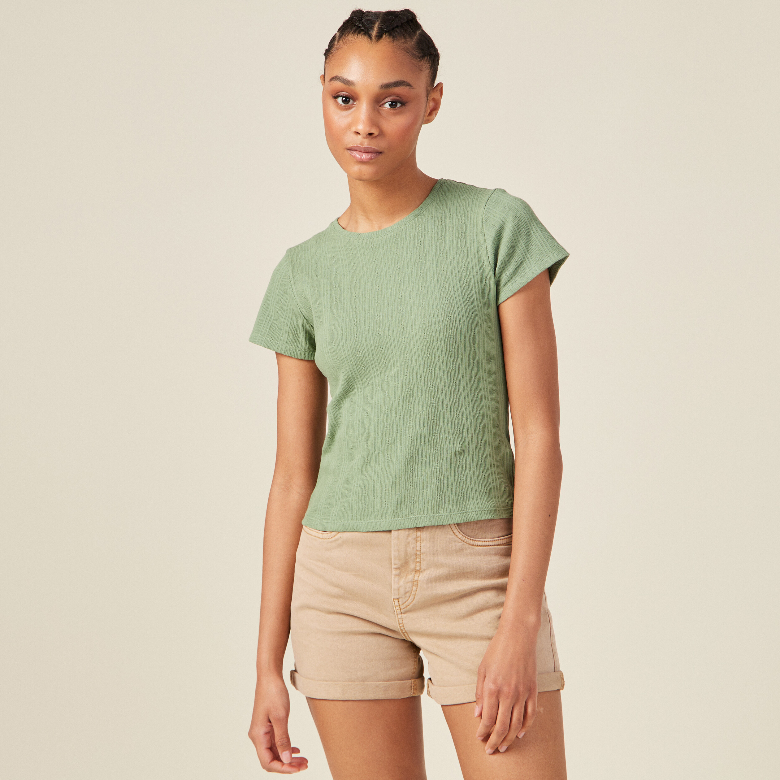 Crop top manches courtes vert kaki femme
