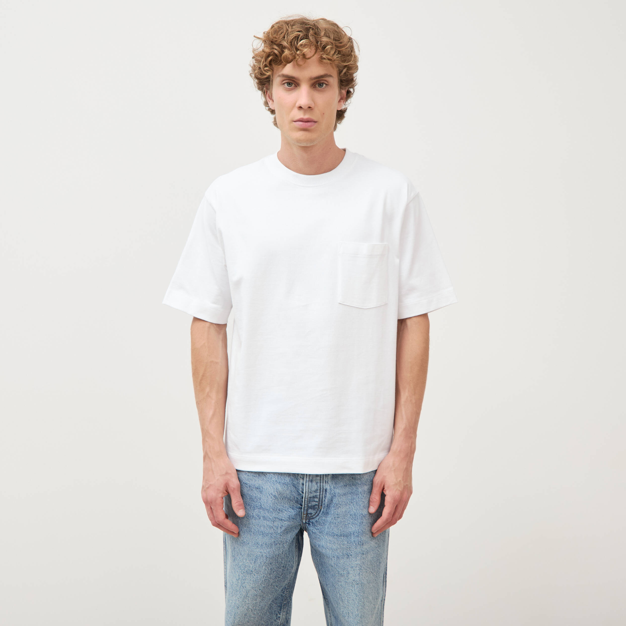 T-shirt droit en coton col ras du cou blanc homme