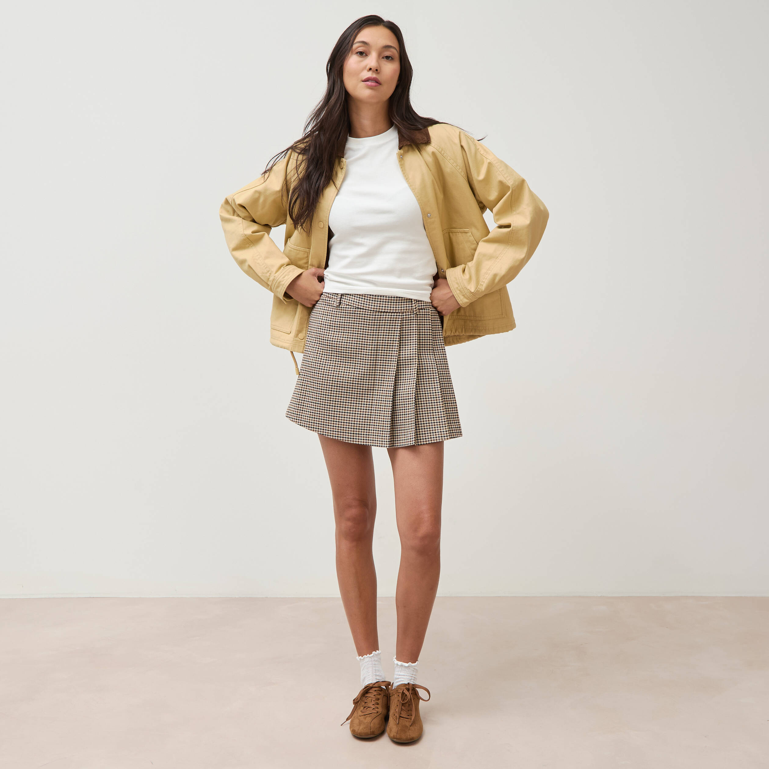 Jupe taille haute doubl&eacute;e marron femme