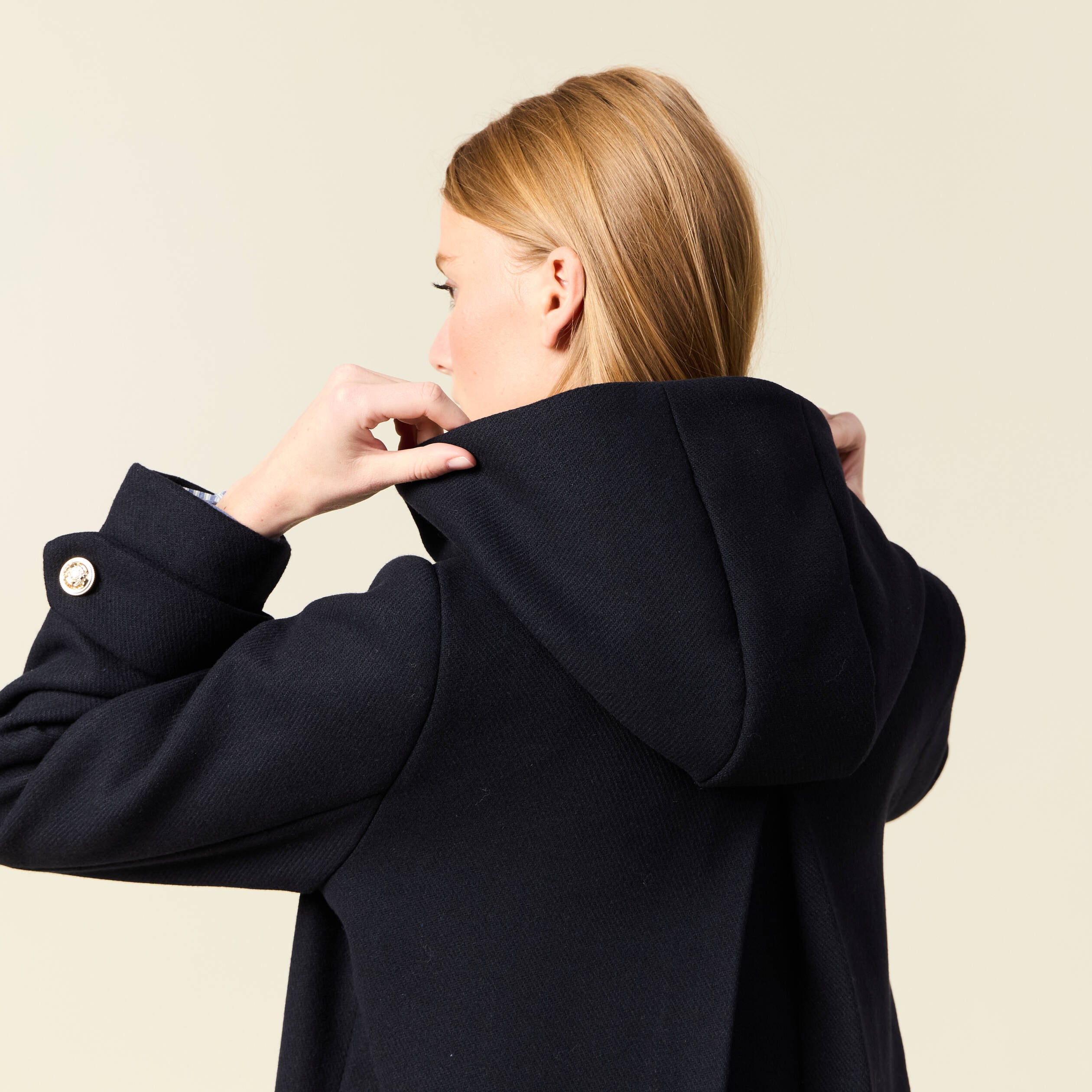 Caban oversize court &agrave; capuche bleu fonc&eacute; femme