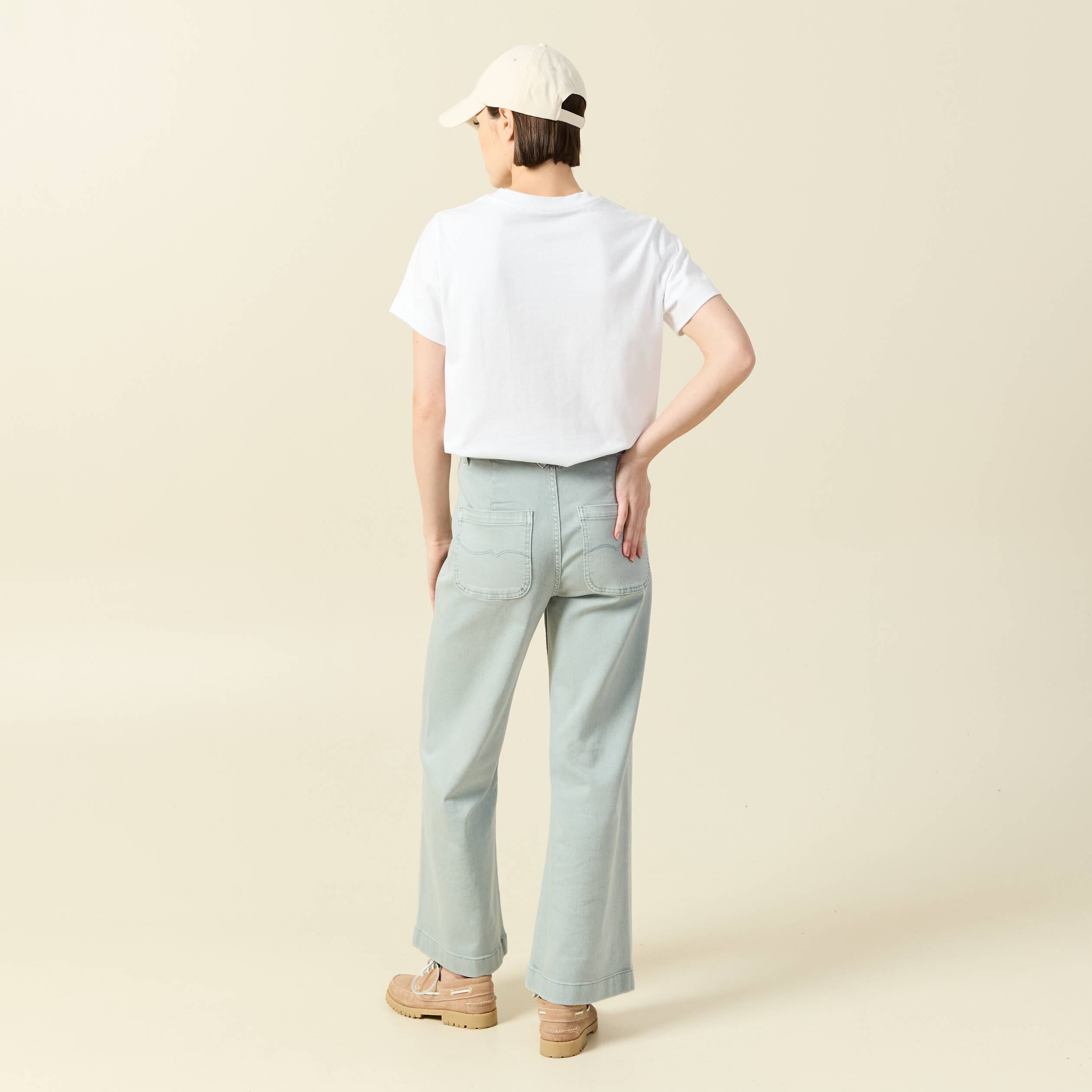 Jeans large cropped taille haute bleu gris femme