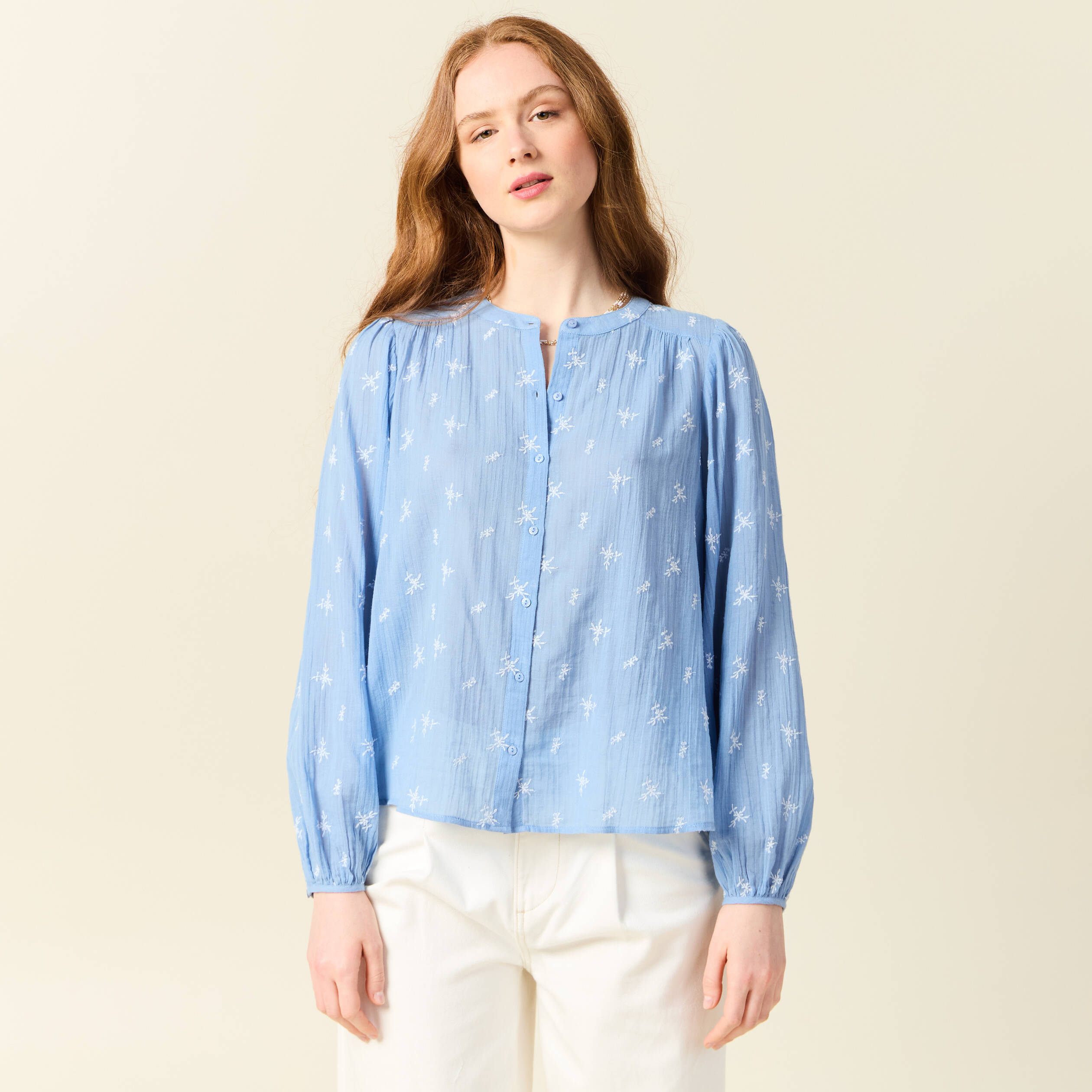 blouse manches longues brodee bleu ciel femme Blouse manches longues brodée bleu ciel femme