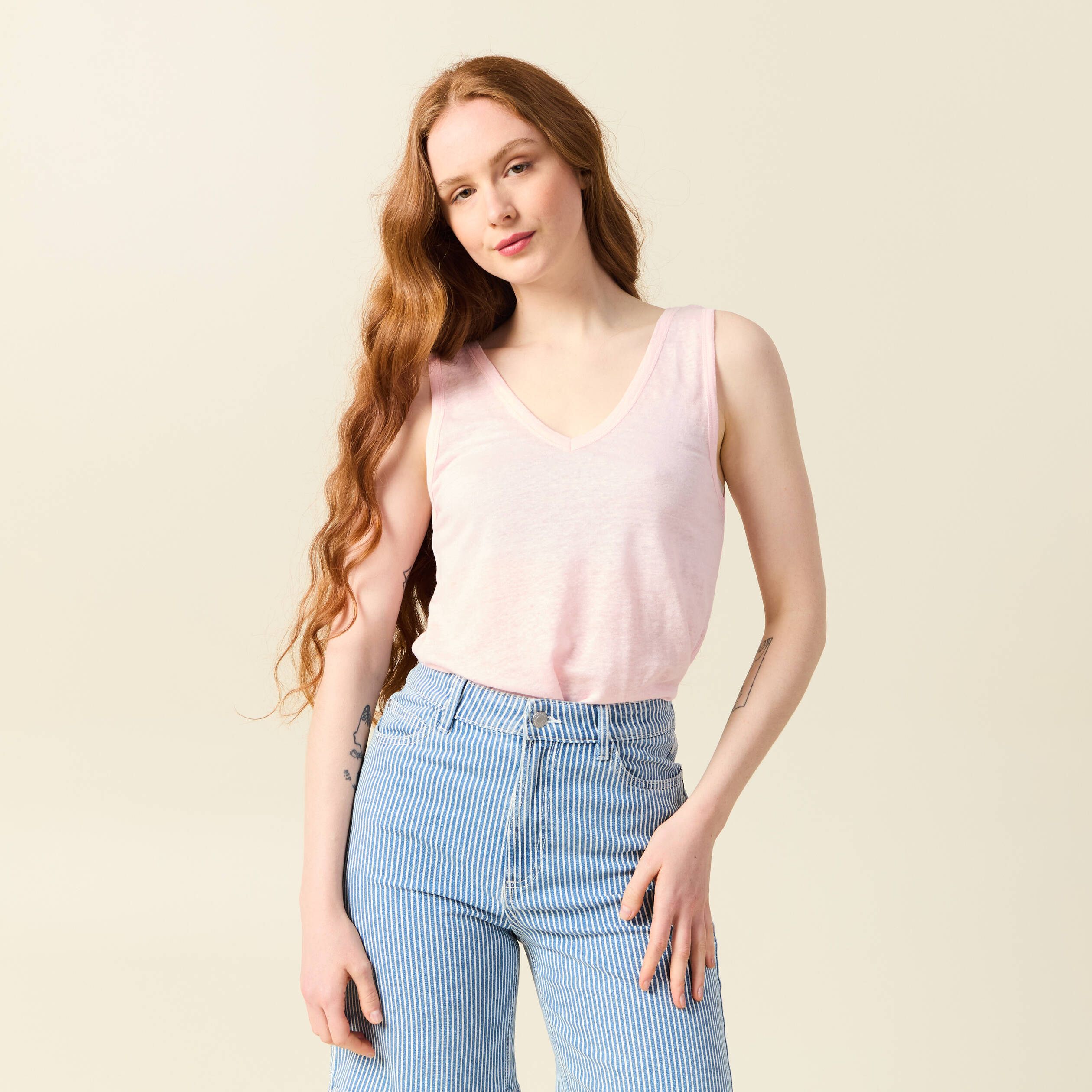 debardeur sans manches en lin rose clair femme Débardeur sans manches en lin rose clair femme