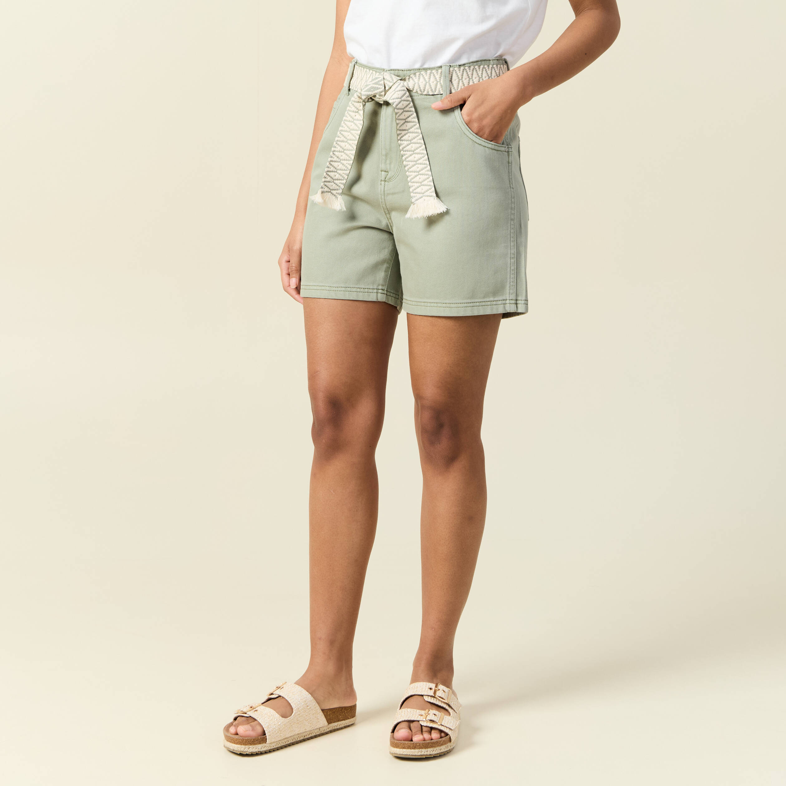 Short boyfriend ceintur&eacute; jean vert kaki femme