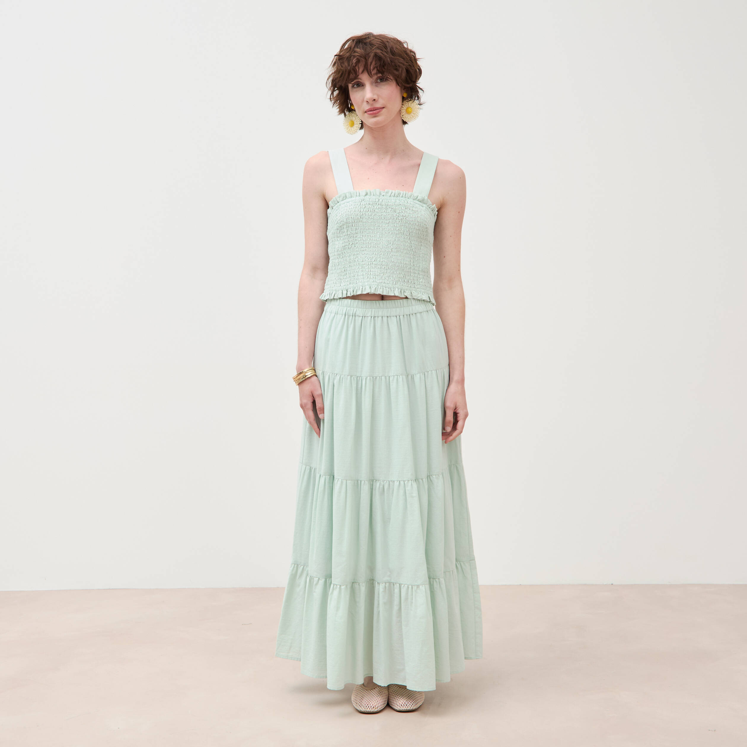 Top cintr&eacute; court &agrave; bretelles col carr&eacute; vert pastel femme