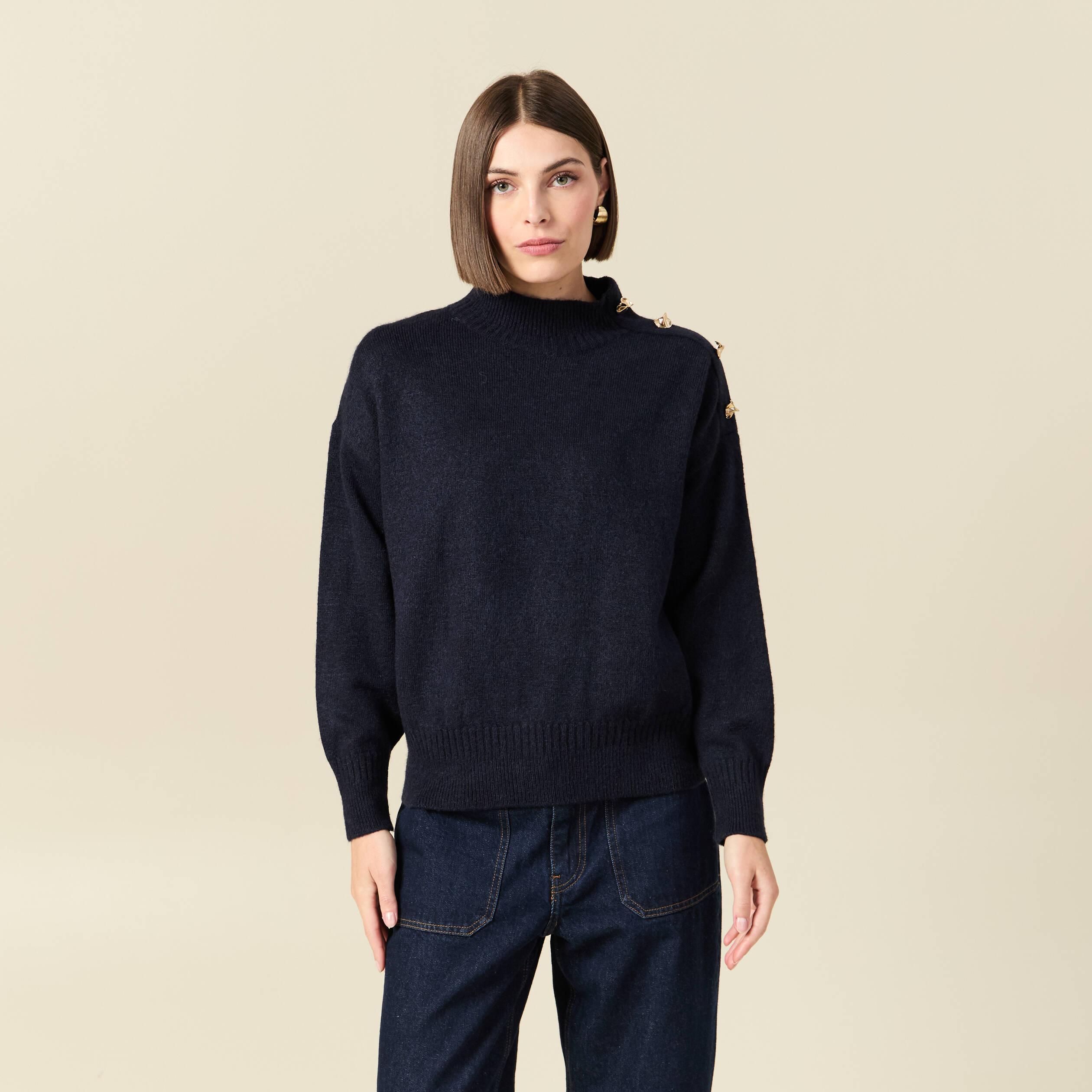 Pull col montant manches longues bleu marine femme
