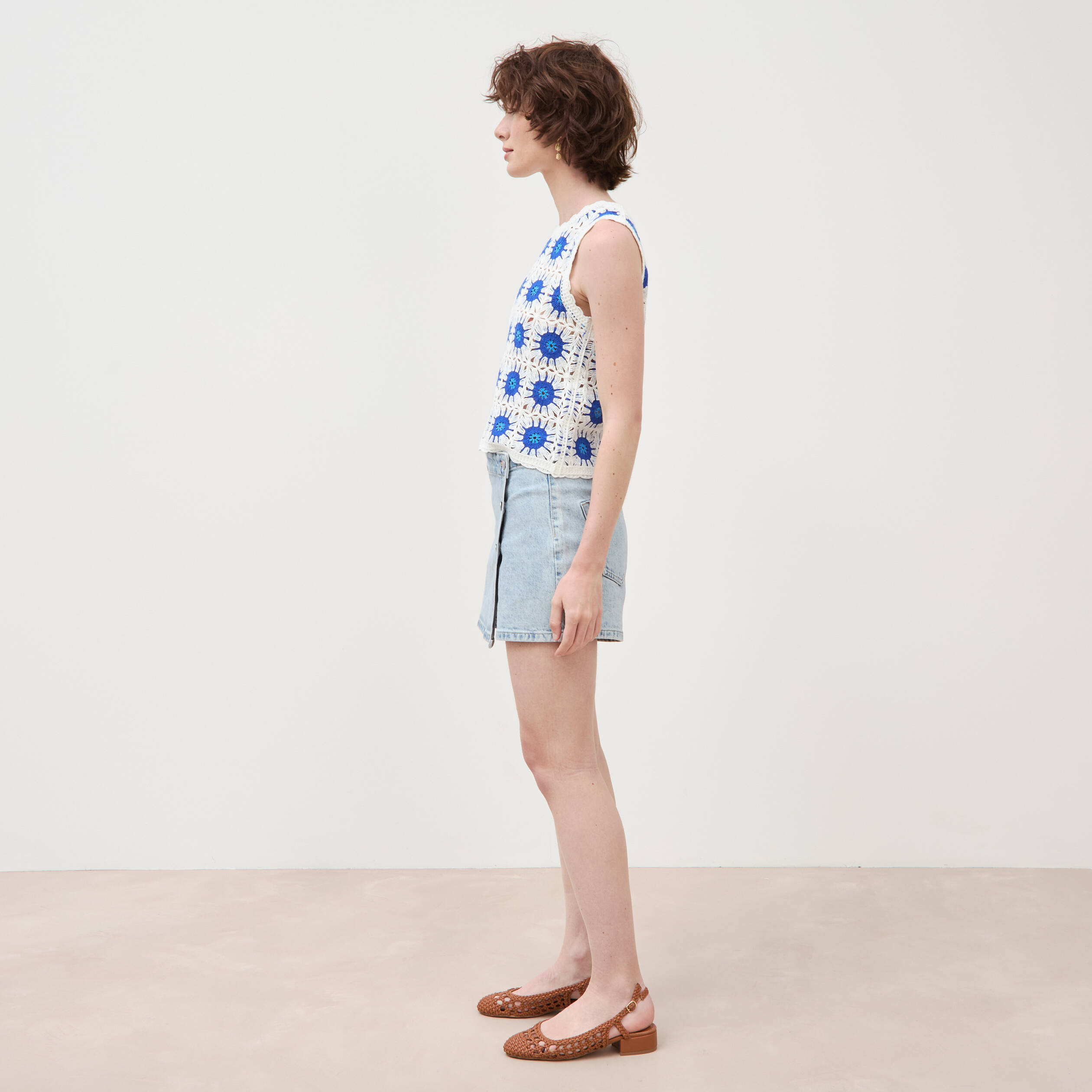 Jupe-short taille haute en jeans denim snow bleu femme