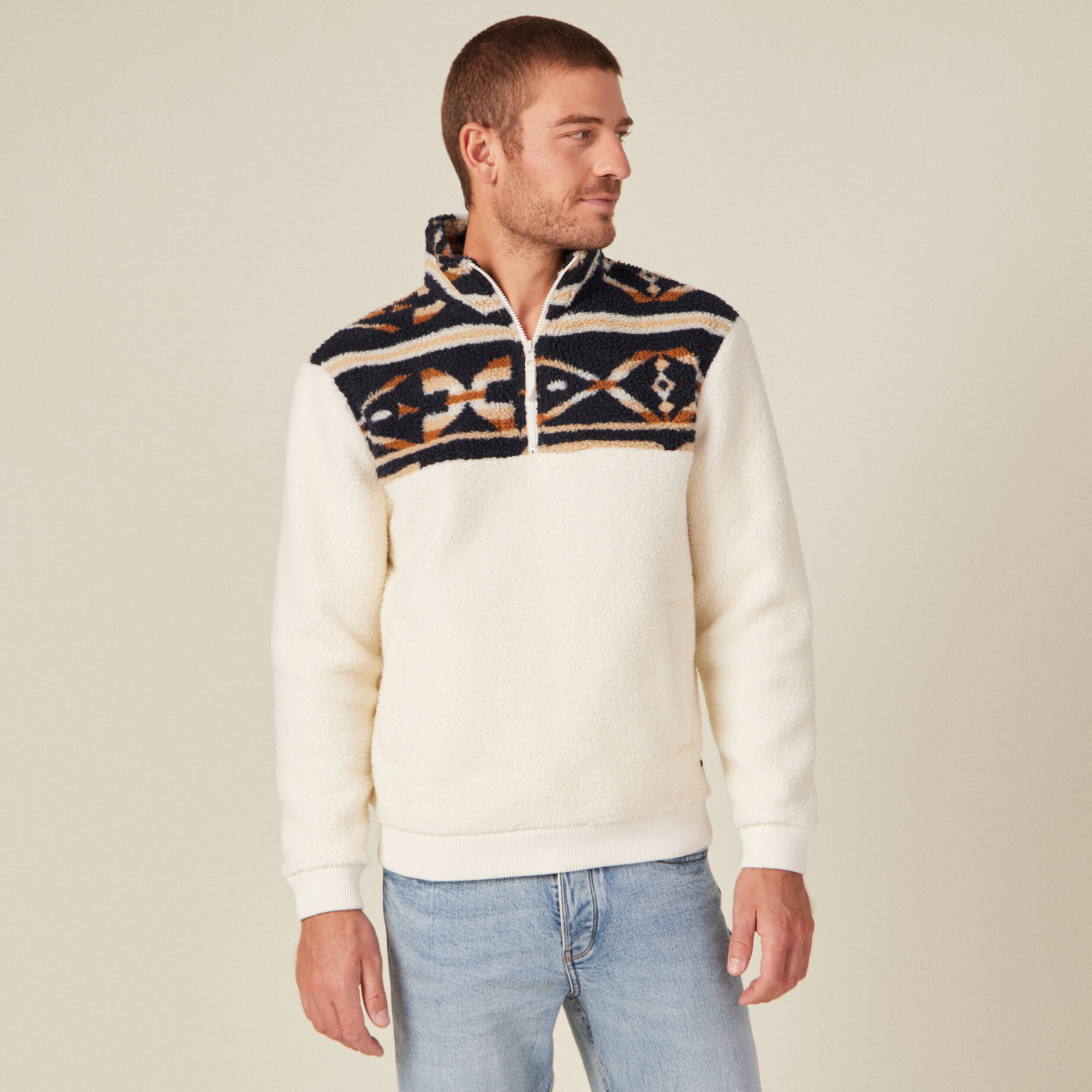 sweat col camionneur zippe ecru homme Sweat col camionneur zippé ecru homme