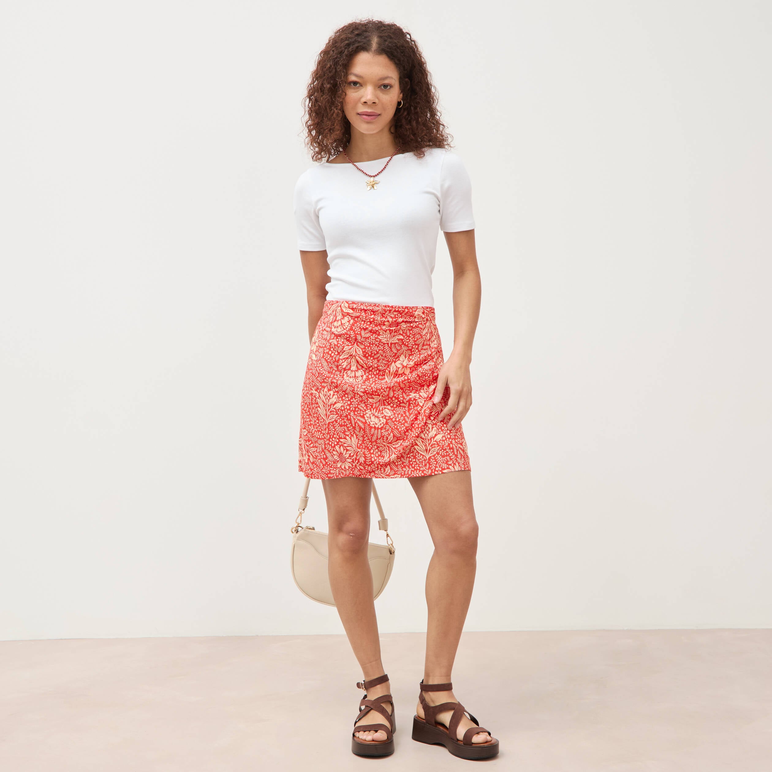 Jupe fluide doubl&eacute;e rouge corail femme